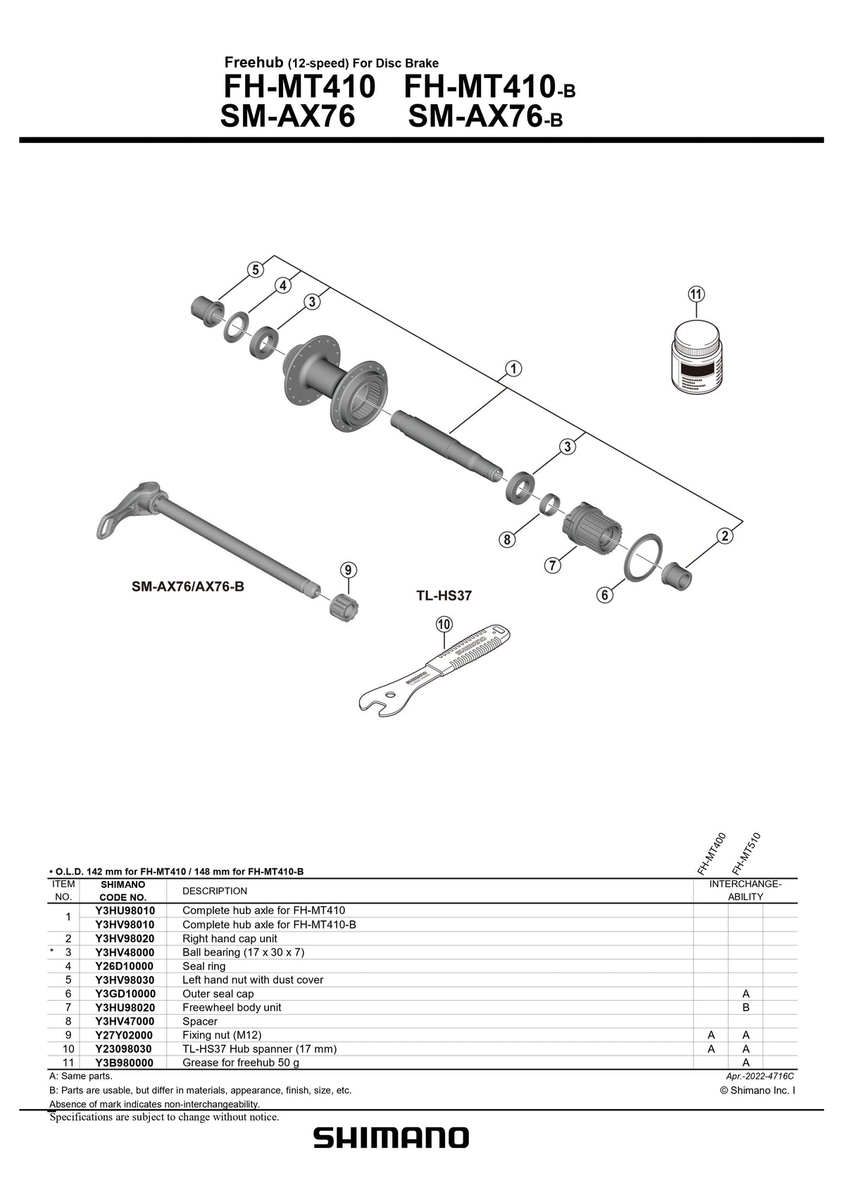 SHIMANO FH-MT410 Freehub 12-Speed For Disc Brake Rear Ball Bearing - Y3HV48000-Pit Crew Cycles