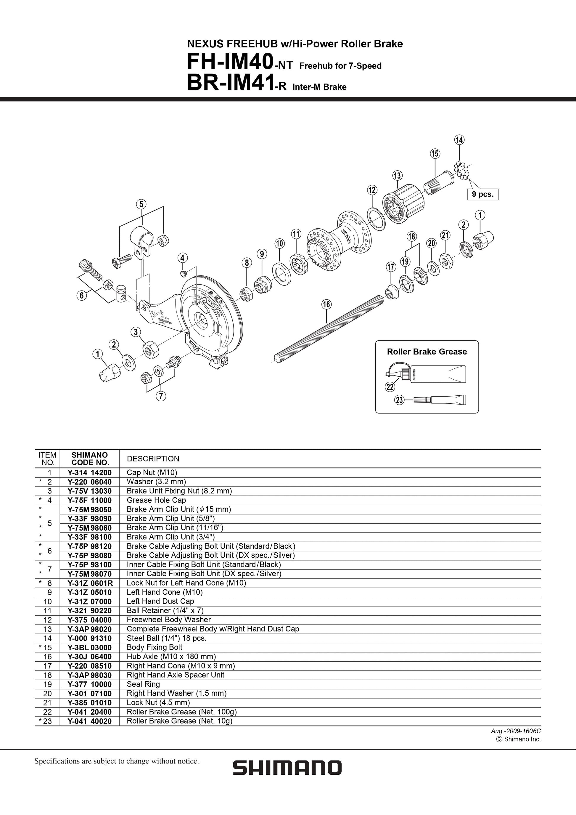 SHIMANO Nexus BR-IM41 Freehub w/Hi-Power Roller Brake Cable Adjusting Bolt Unit Standard/Black 4-Piston - Y75P98120-Pit Crew Cycles