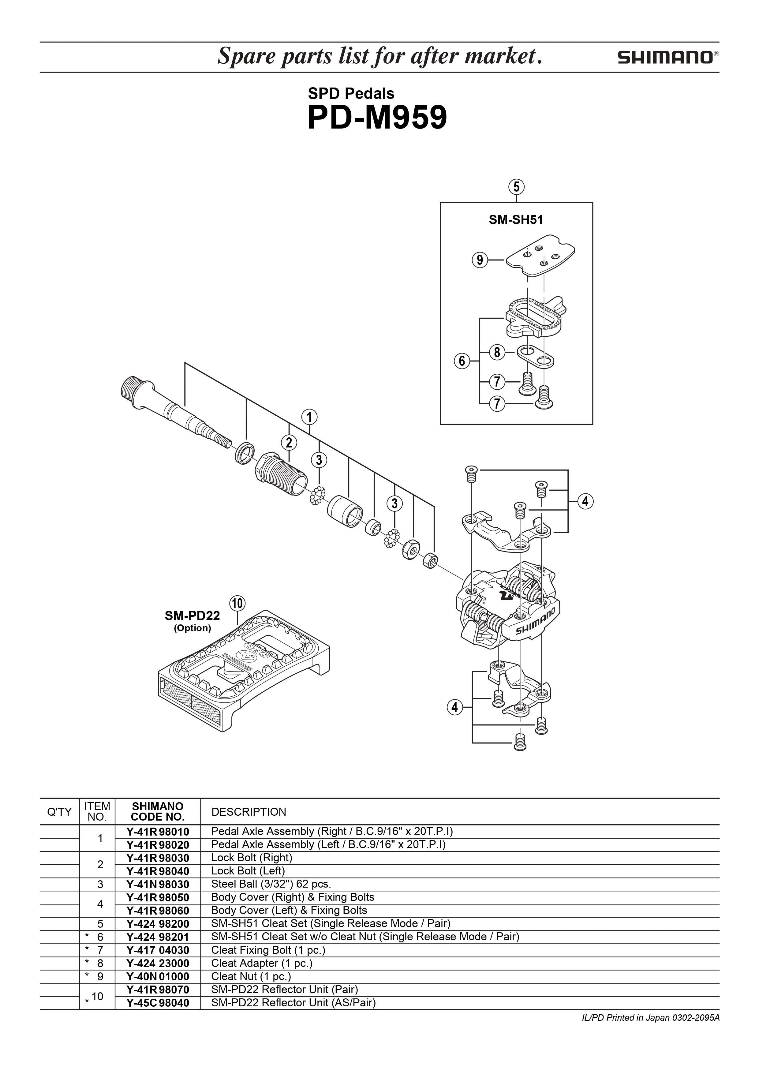 SHIMANO PD-M959 SM-PD22 SPD Pedals Reflector Unit Pair - Y41R98070-Pit Crew Cycles