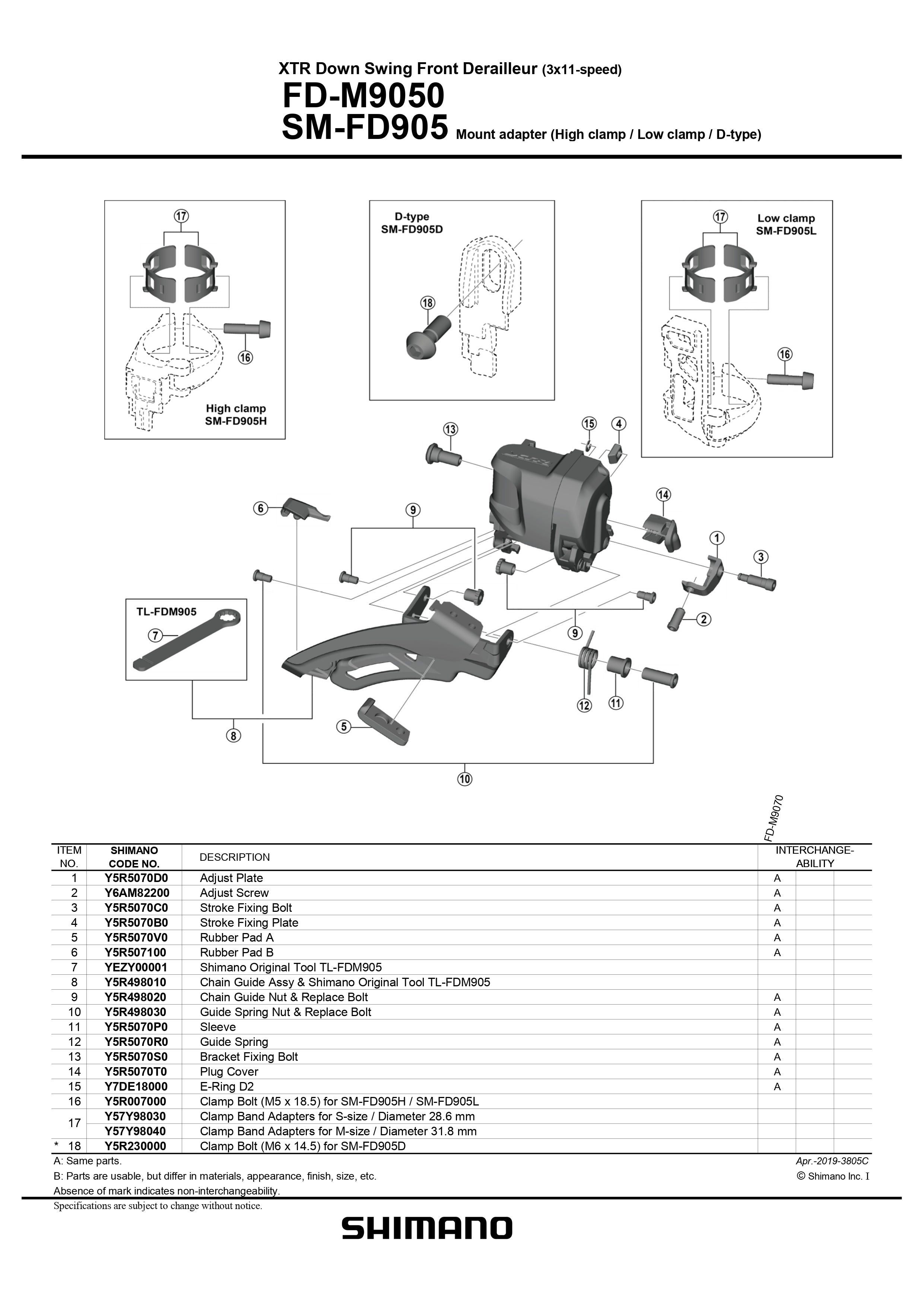 SHIMANO SM-FD905-L DI2 Front Derailleur Mount Adapter for M9070 M9050 M8070 Low Clamp-Pit Crew Cycles
