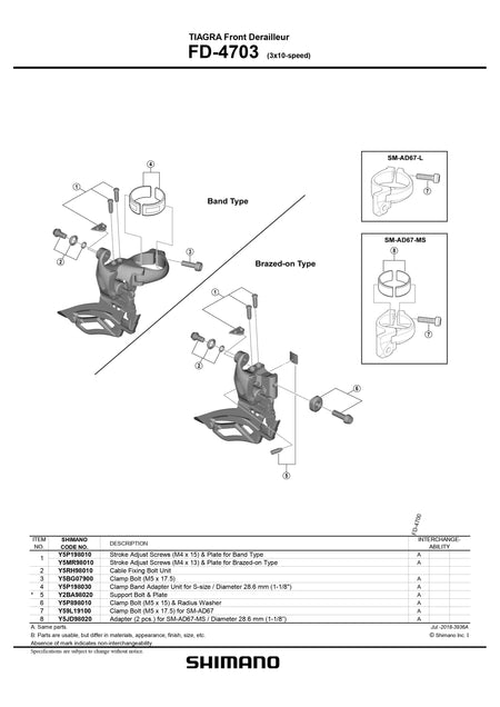 SHIMANO Tiagra FD-4703 Front Derailleur 3x10-Speed Down Swing-Pit Crew Cycles