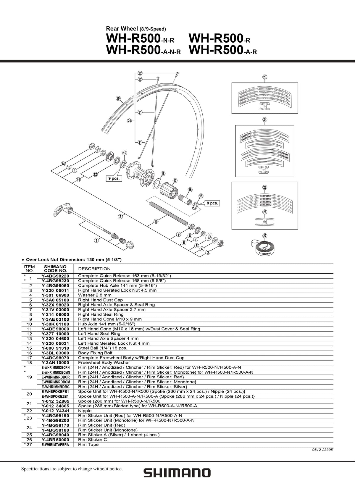 SHIMANO WH-R500-A-R Rear Wheel Spoke 286mm Bladed type - 8/9-Speed - Y01234865-Pit Crew Cycles