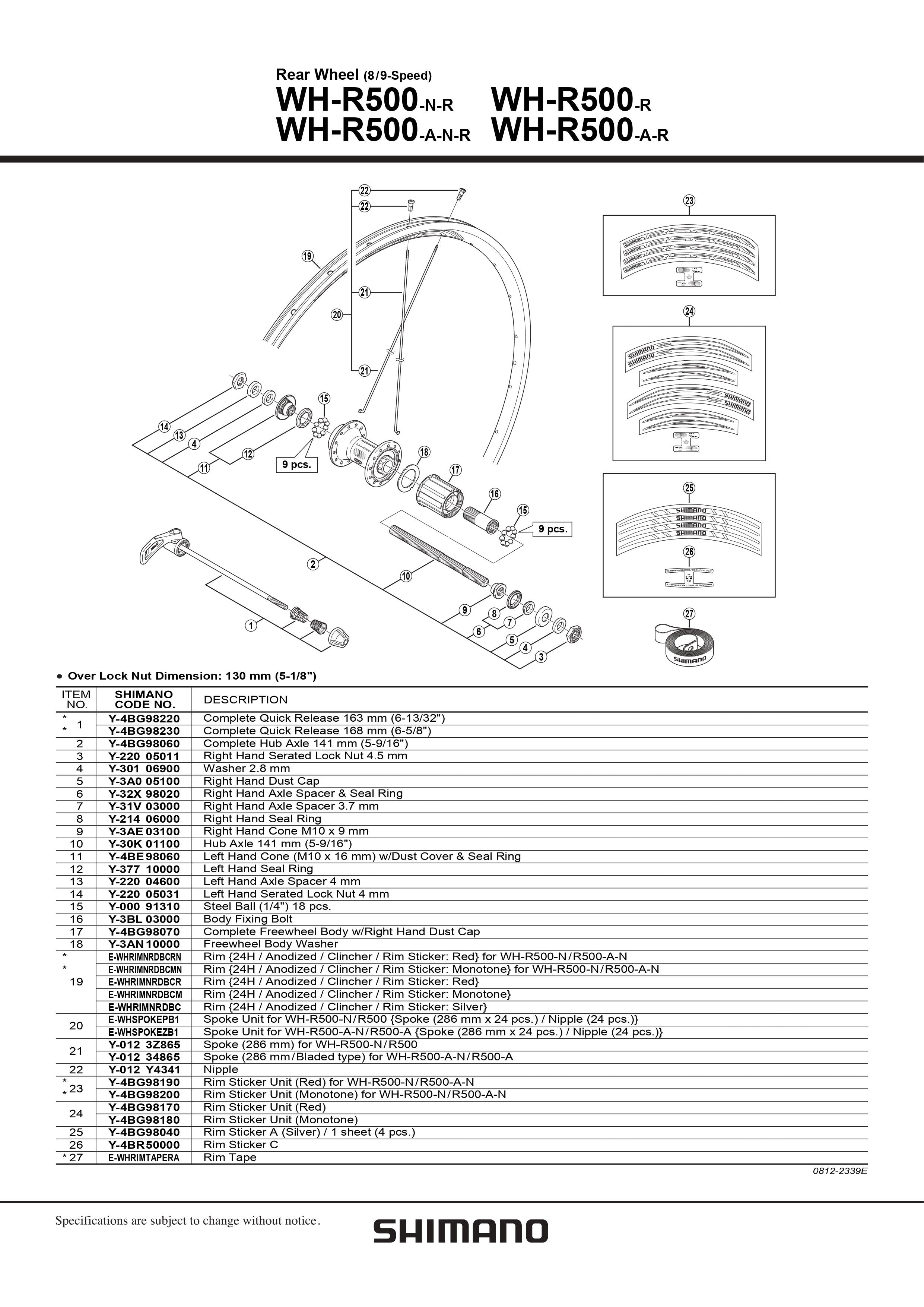 SHIMANO WH-R500-A-R Rear Wheel Spoke 286mm Bladed type - 8/9-Speed - Y01234865-Pit Crew Cycles