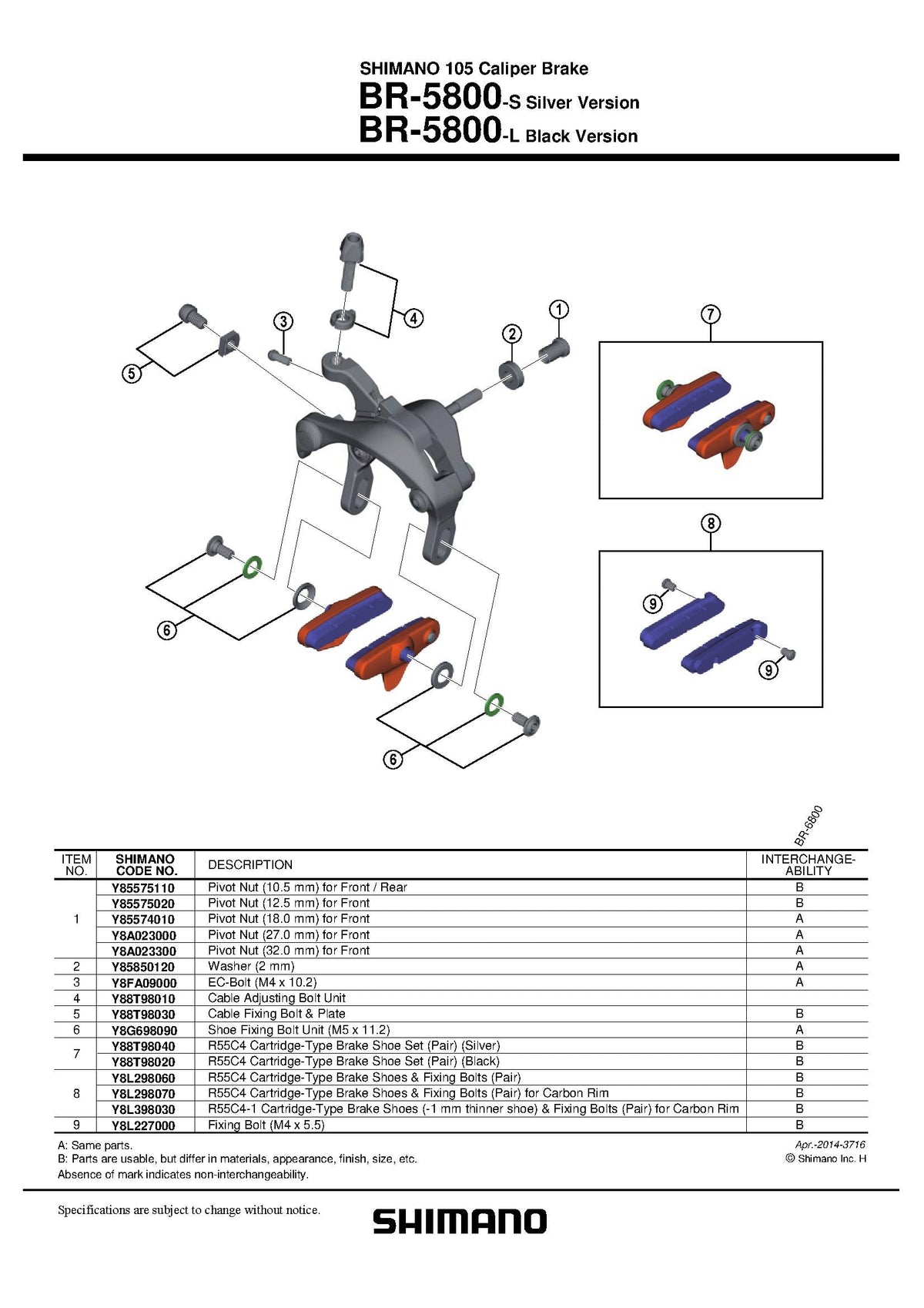 SHIMANO 105 BR-5800 R55C4 Caliper Brake Cartridge Type Brake Shoe Set 2-Piston - Pair-Pit Crew Cycles