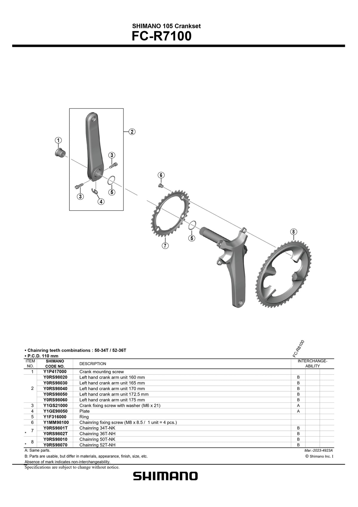 SHIMANO 105 FC-R7100 Chainring 2x12-Speed 110mm BCD-Pit Crew Cycles