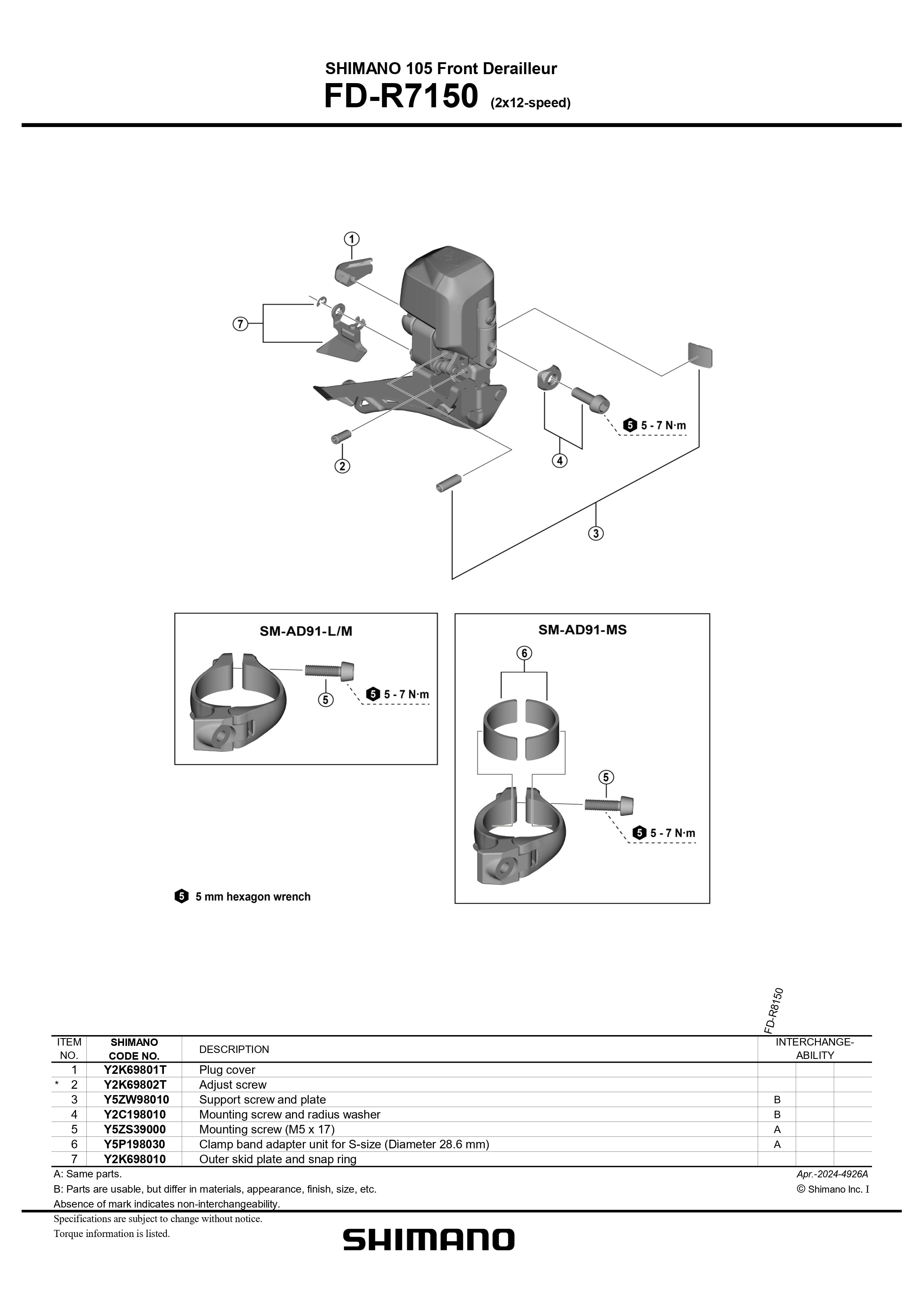SHIMANO 105 FD-R7150 Front Derailleur Outer Skid Plate and