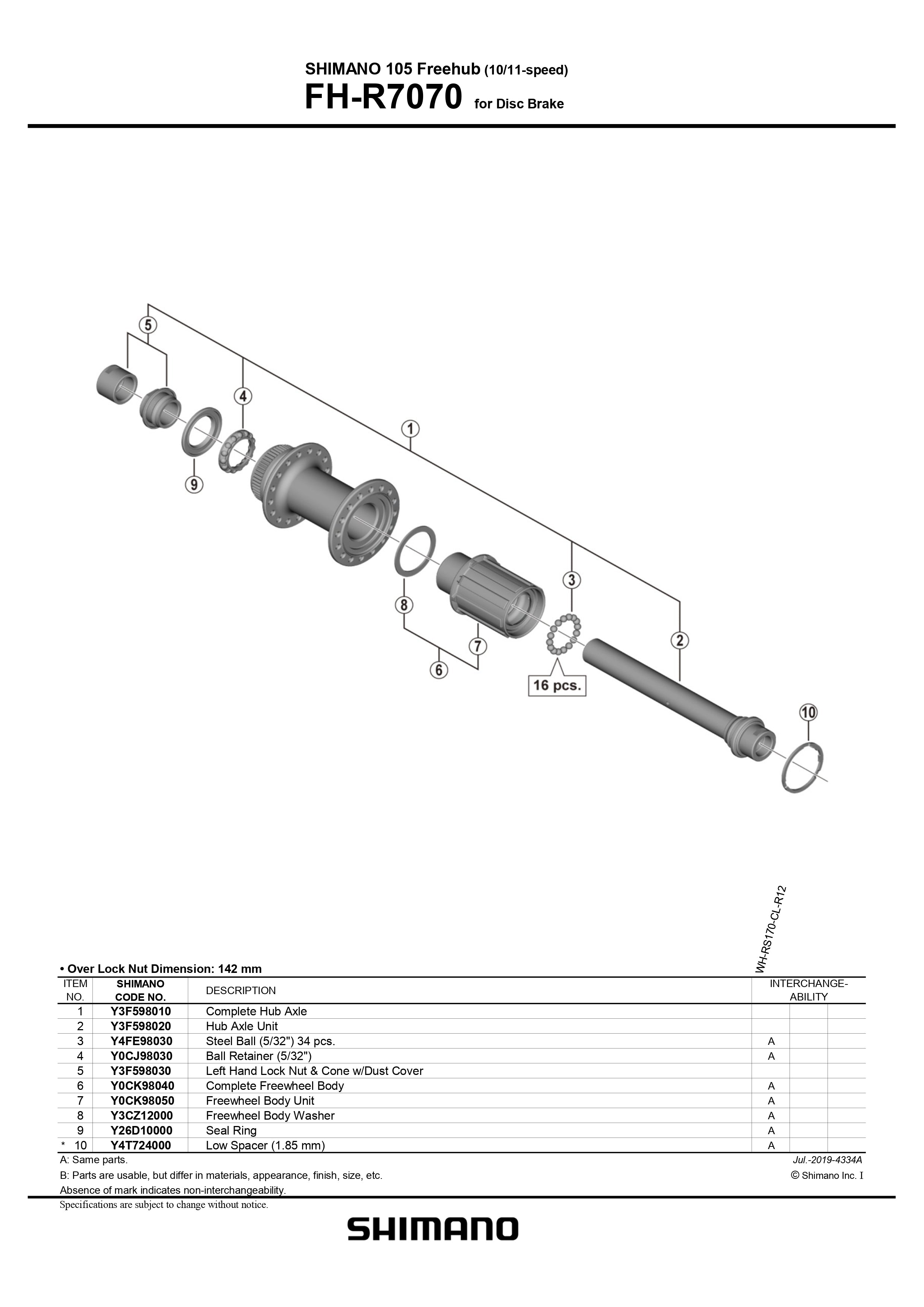 SHIMANO 105 FH-R7070 Freehub for Disc Brake 10/11-Speed Complete Hub Axle - Y3F598010-Pit Crew Cycles