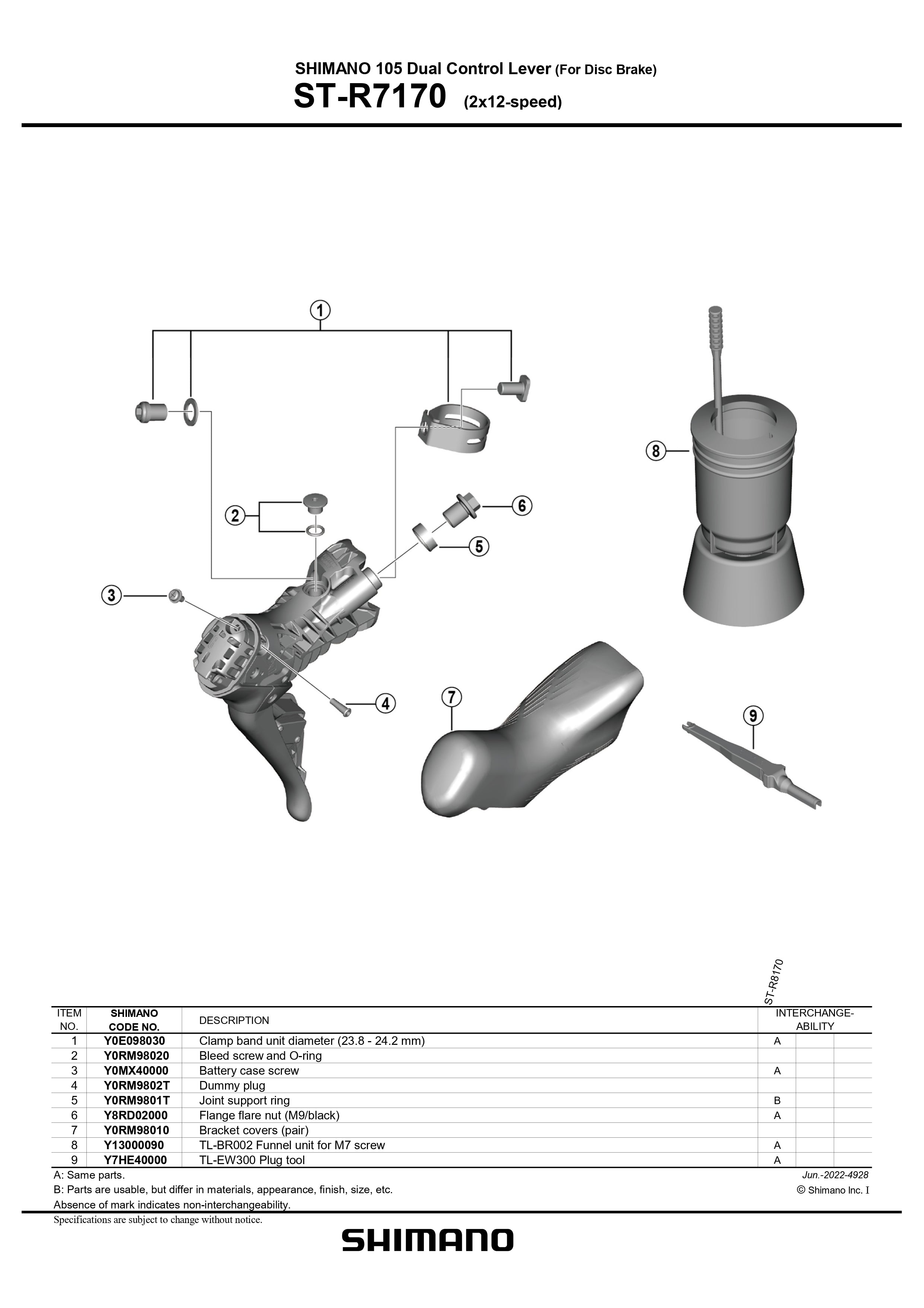 SHIMANO 105 ST-R7170 Dual Control Lever for Disc Brake 2x12-Speed Bleed  Screw and O-Ring - Y0RM98020