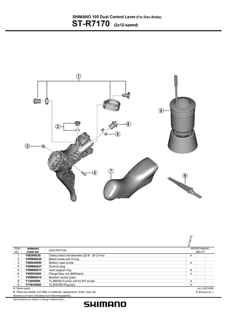 SHIMANO 105 ST-R7170 Dual Control Lever for Disc Brake 2x12-Speed Bleed Screw and O-Ring - Y0RM98020-Pit Crew Cycles