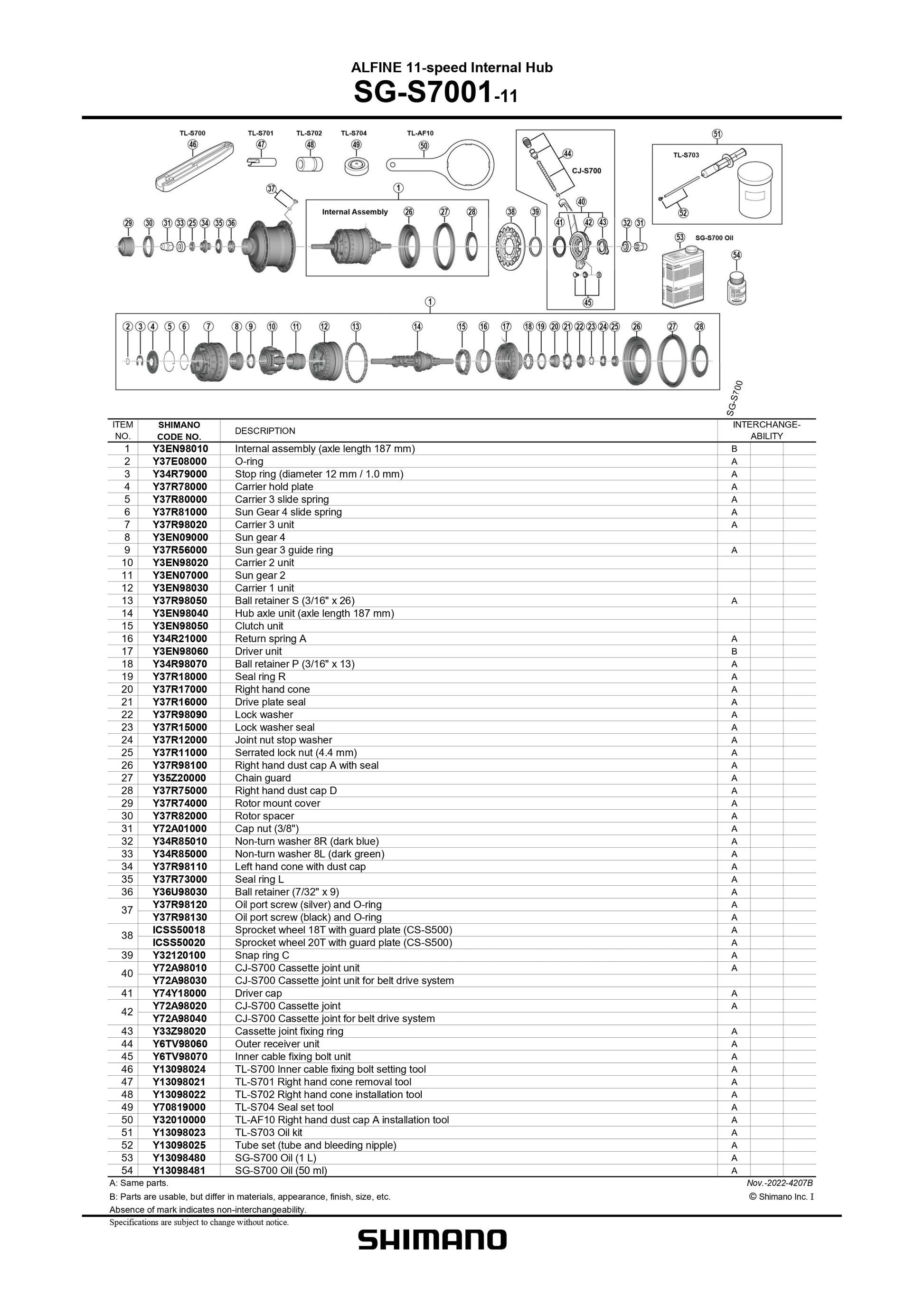 SHIMANO Alfine SG-S7001 Internal Hub 11-Speed Internal Assembly Axle Length 187 mm - Y3EN98010-Pit Crew Cycles