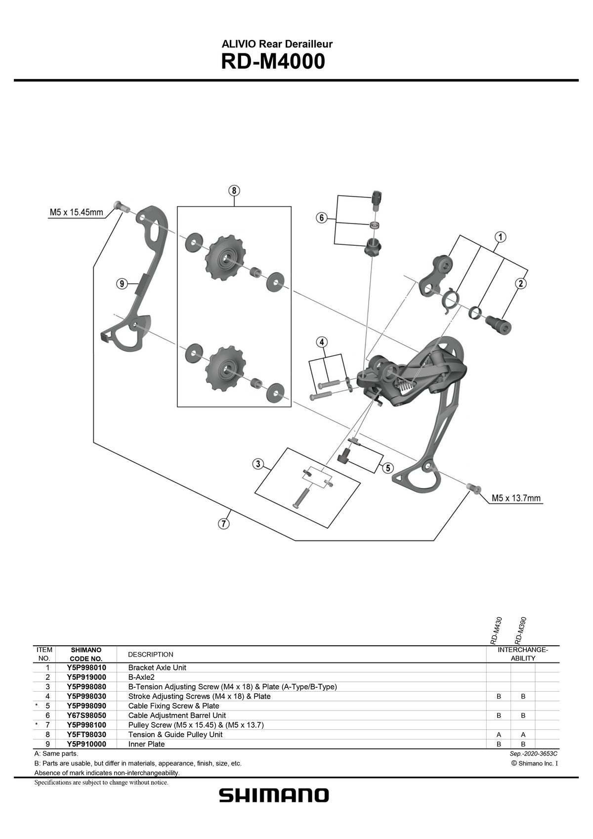 SHIMANO Alivio RD-M4000 Rear Derailleur 9-Speed Bracket Axle Unit - Y5P998010-Pit Crew Cycles