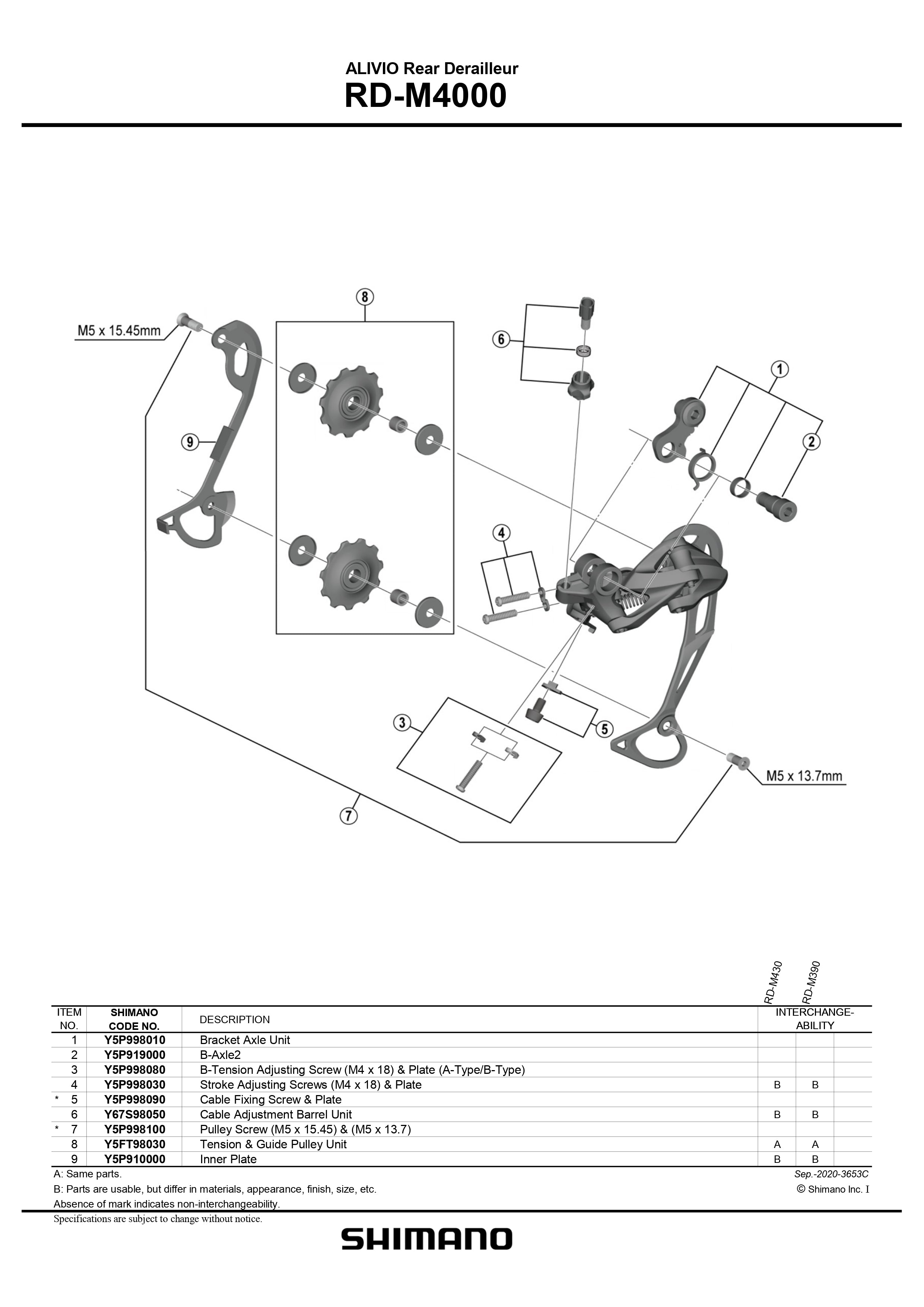 SHIMANO Alivio RD-M4000 Rear Derailleur 9-Speed Bracket Axle Unit - Y5P998010-Pit Crew Cycles