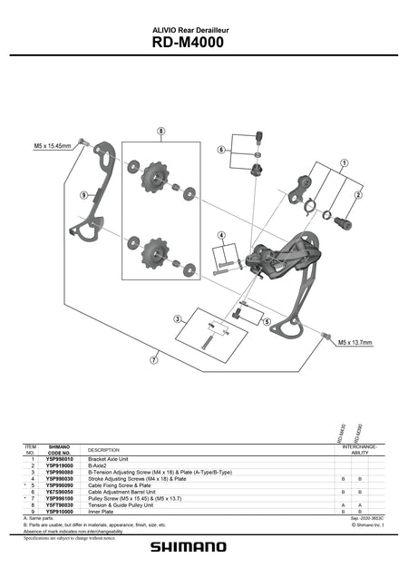 SHIMANO Alivio RD-M4000 Rear Derailleur 9-Speed Bracket Axle Unit - Y5P998010-Pit Crew Cycles