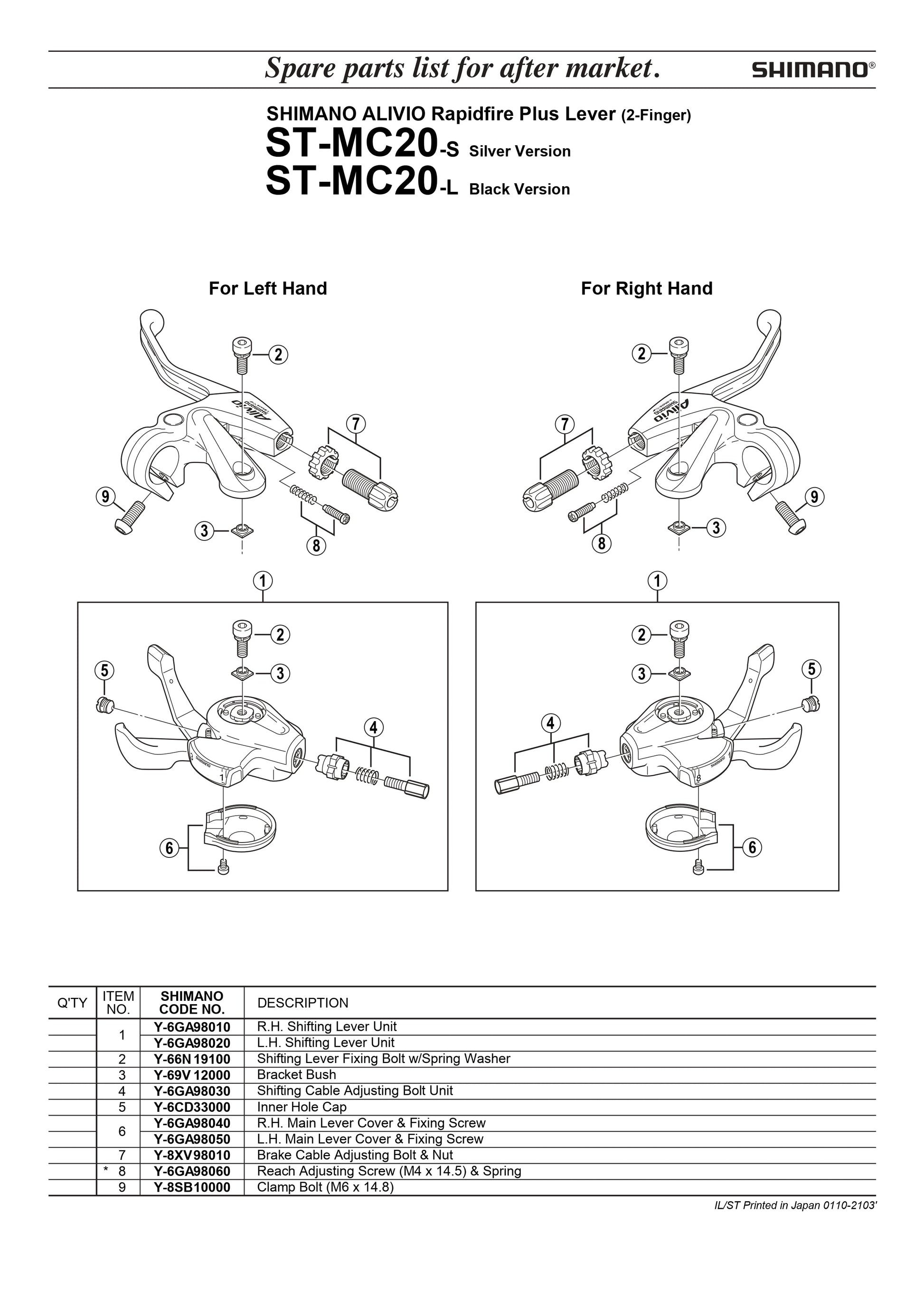 SHIMANO Alivio ST-MC20 Rapidfire Plus Lever Right Hand Shifter Lever Unit - Y6GA98010-Pit Crew Cycles