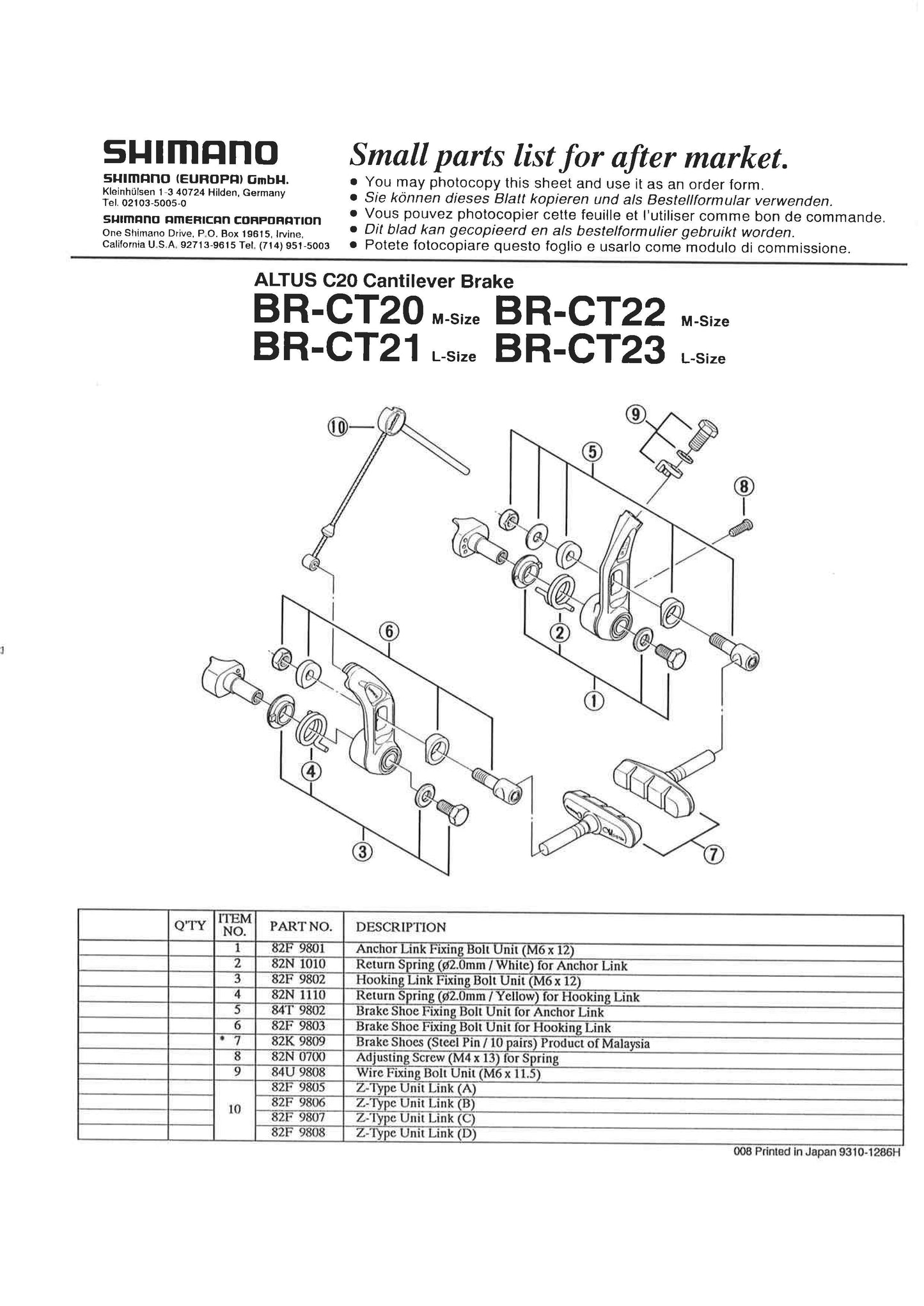 SHIMANO Altus BR-CT20 Cantilever Brake Z-Type Unit Link (A) 4-Piston - Y82F98051-Pit Crew Cycles