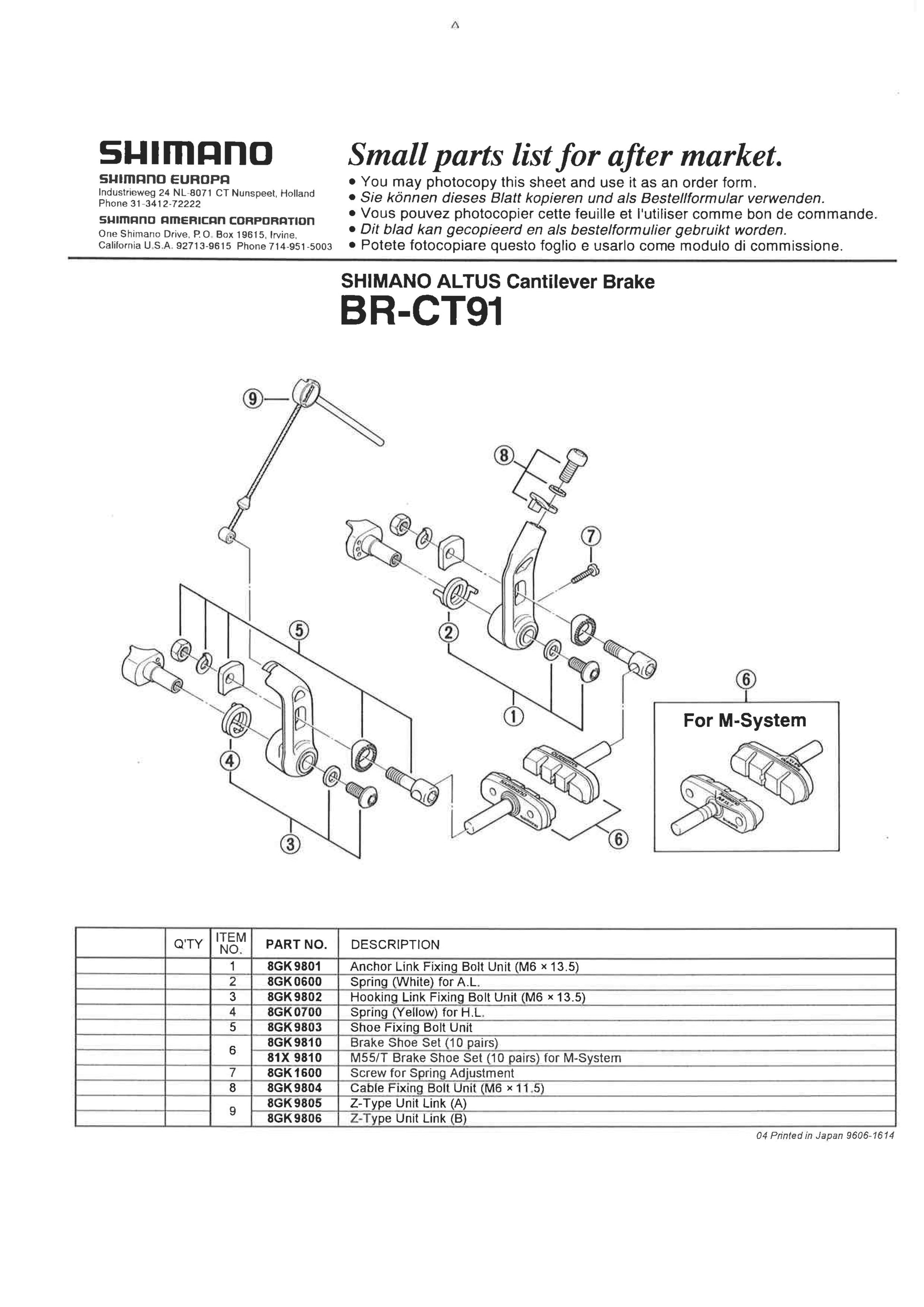 SHIMANO Altus BR-CT91 Cantilever Brake Shoe Pair 1-Piston - 10 Pairs - Y8GK98100-Pit Crew Cycles