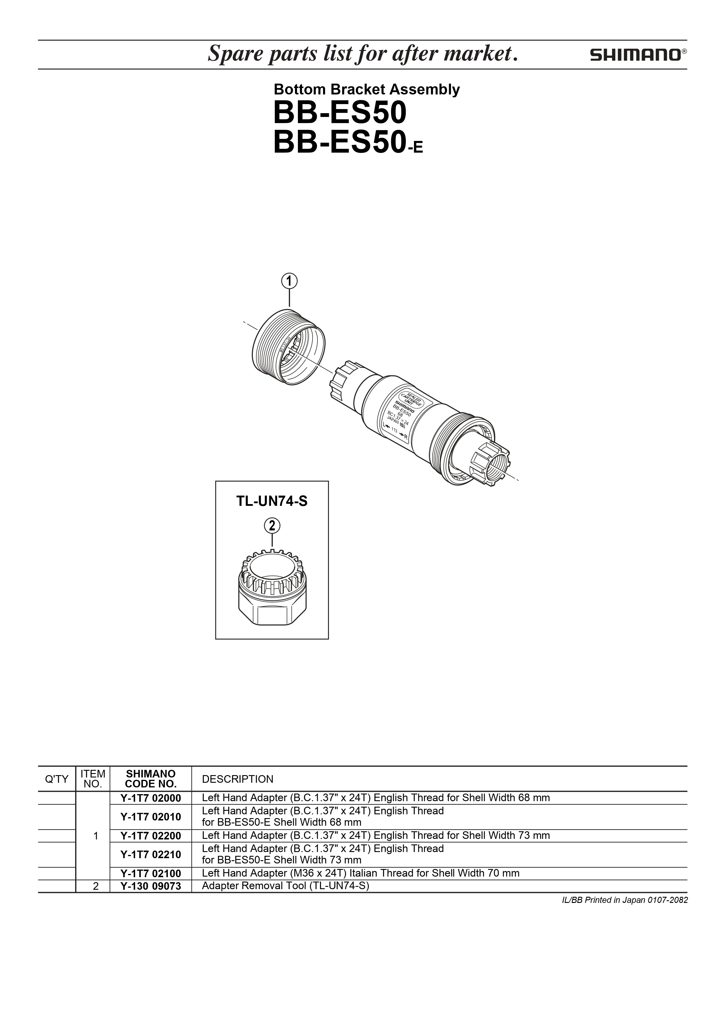SHIMANO BB-ES50 Bottom Bracket Assembly Left Hand Adapter B.C. 1.37" x 24T English Thread for Shell Width 73 mm - Y1T702200-Pit Crew Cycles