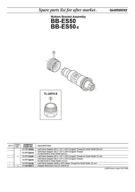 SHIMANO BB-ES50 Bottom Bracket Assembly Left Hand Adapter B.C. 1.37" x 24T English Thread for Shell Width 73 mm - Y1T702200-Pit Crew Cycles