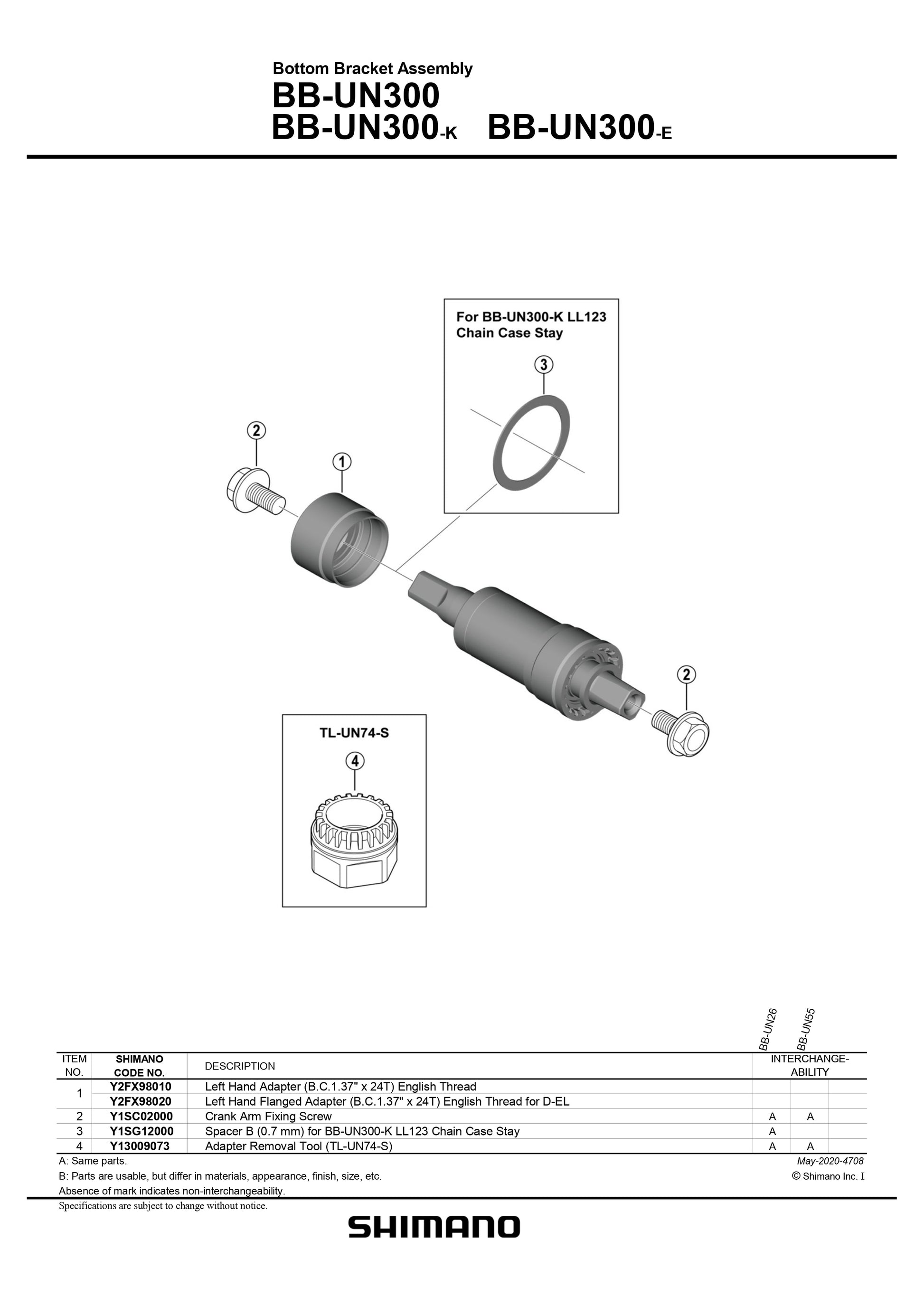 SHIMANO BB-UN300-K-LL Square Taper English Bottom Bracket BSA 68mm w/ 0.7mm Spacer For Chain Case-Pit Crew Cycles