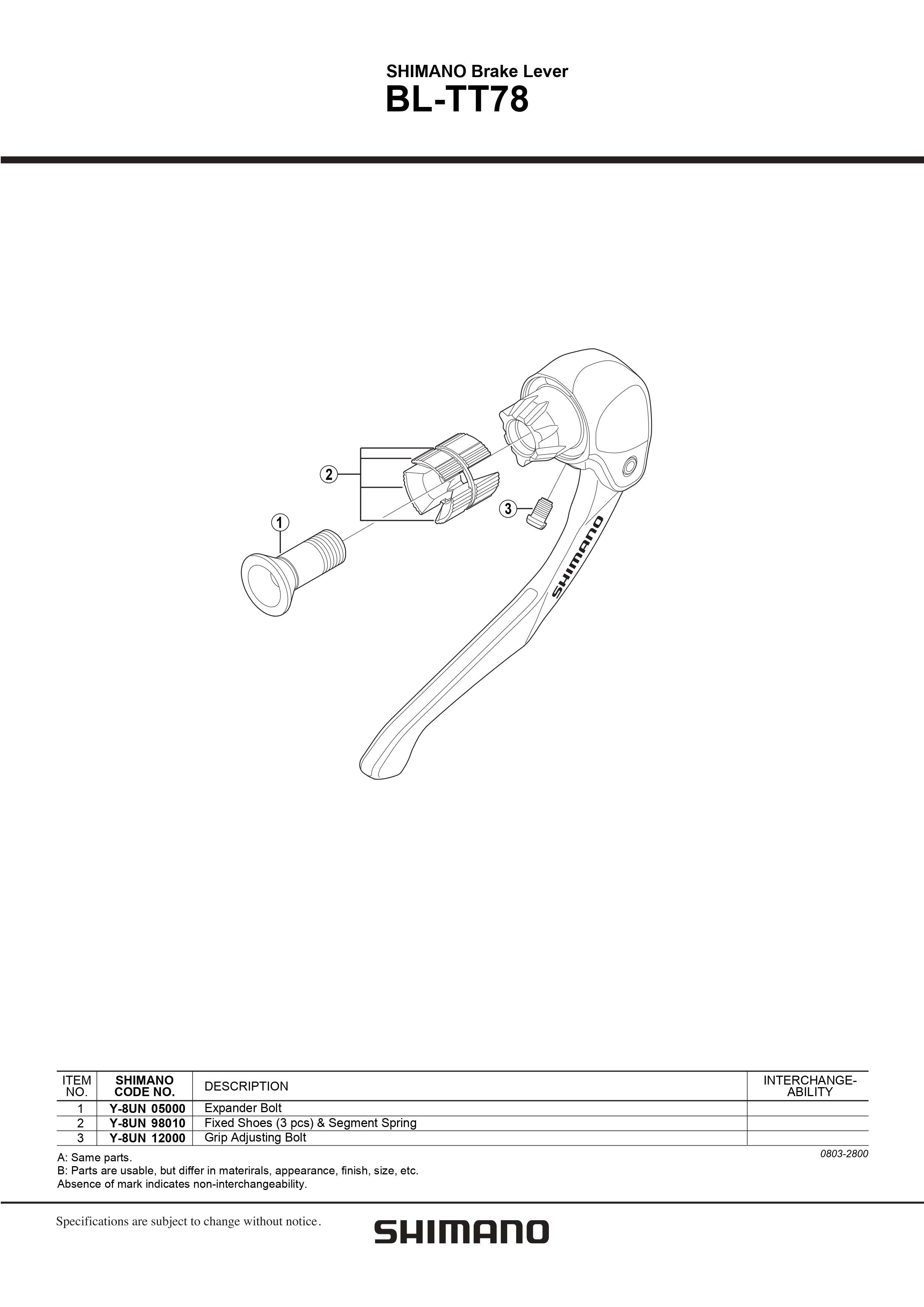 SHIMANO BL-TT78 Brake Lever Fixed Shoes (3 pcs) and Segment Spring -  Y8UN98010