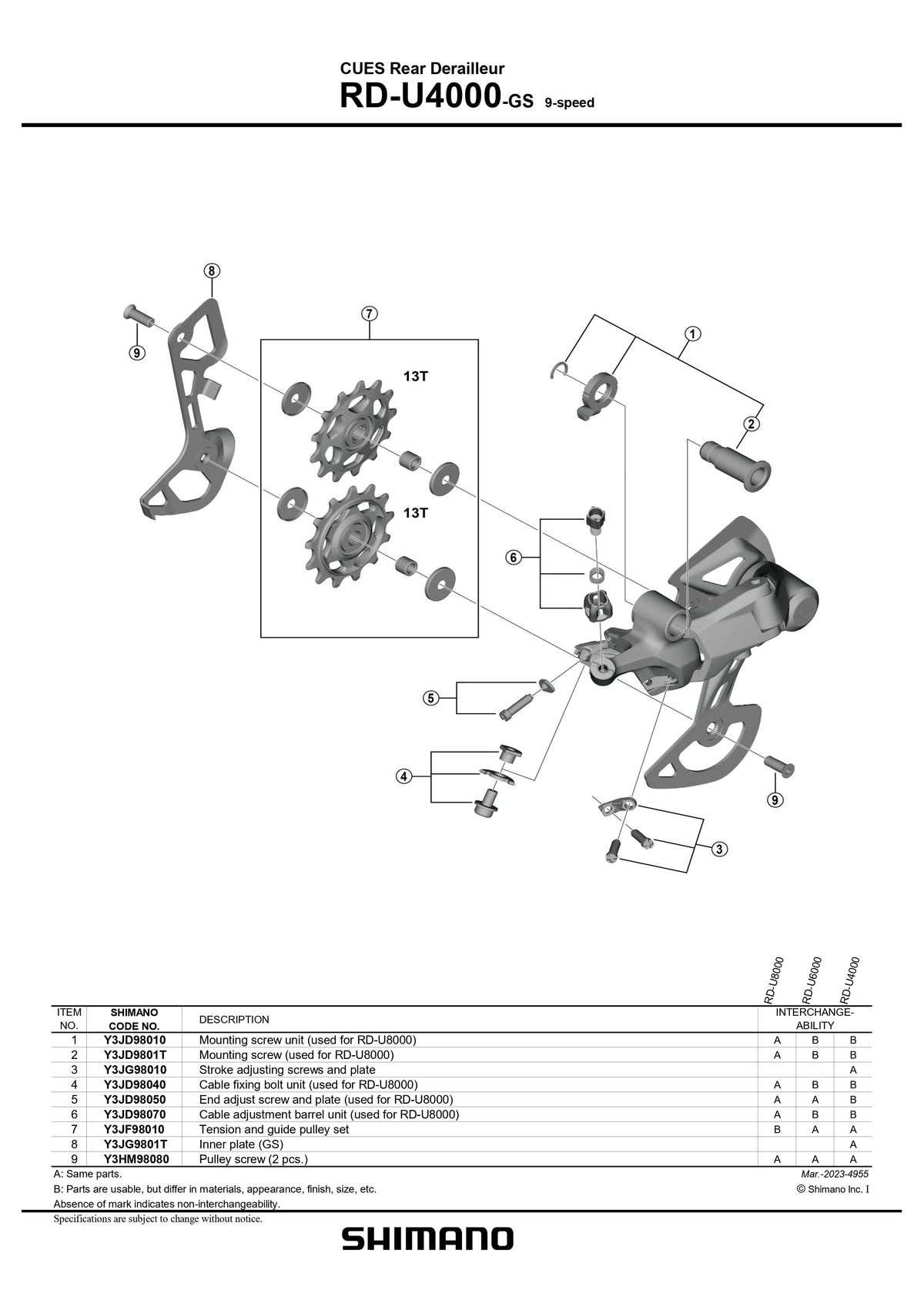 SHIMANO CUES RD-U4000 Rear Derailleur Inner Plate GS - Y3JG9801T-Pit Crew Cycles