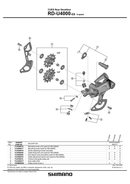 SHIMANO CUES RD-U4000 Rear Derailleur Inner Plate GS - Y3JG9801T-Pit Crew Cycles