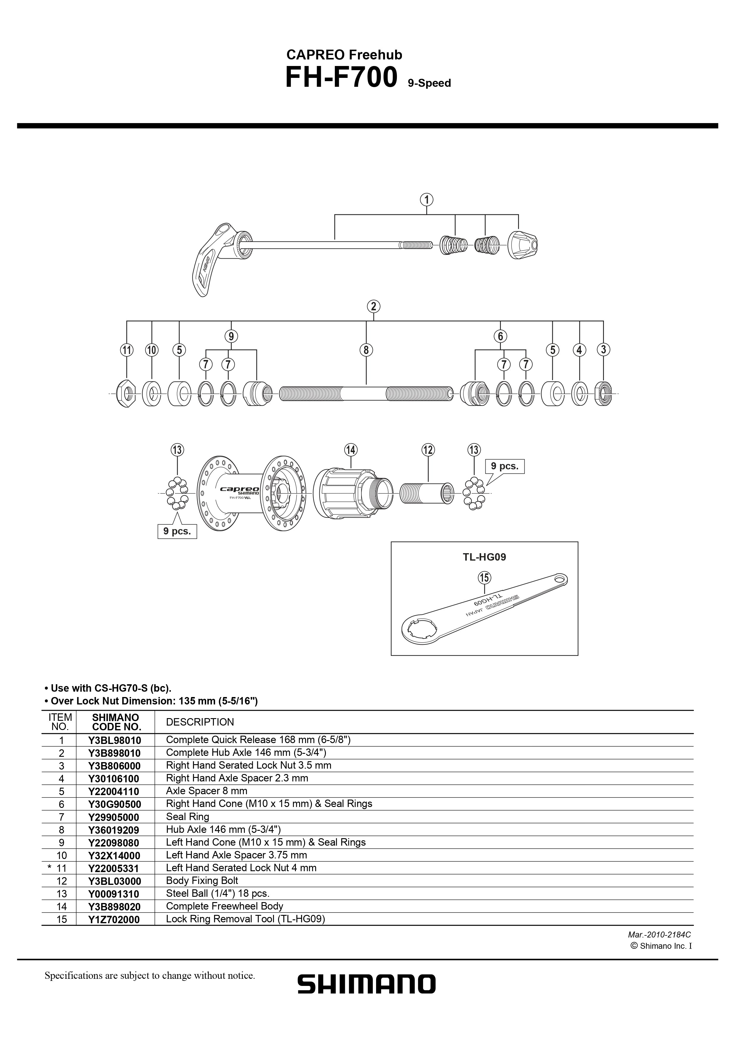 SHIMANO Capreo FH-F700 9-Speed Rear Complete Hub Axle 146 mm 5-3/4