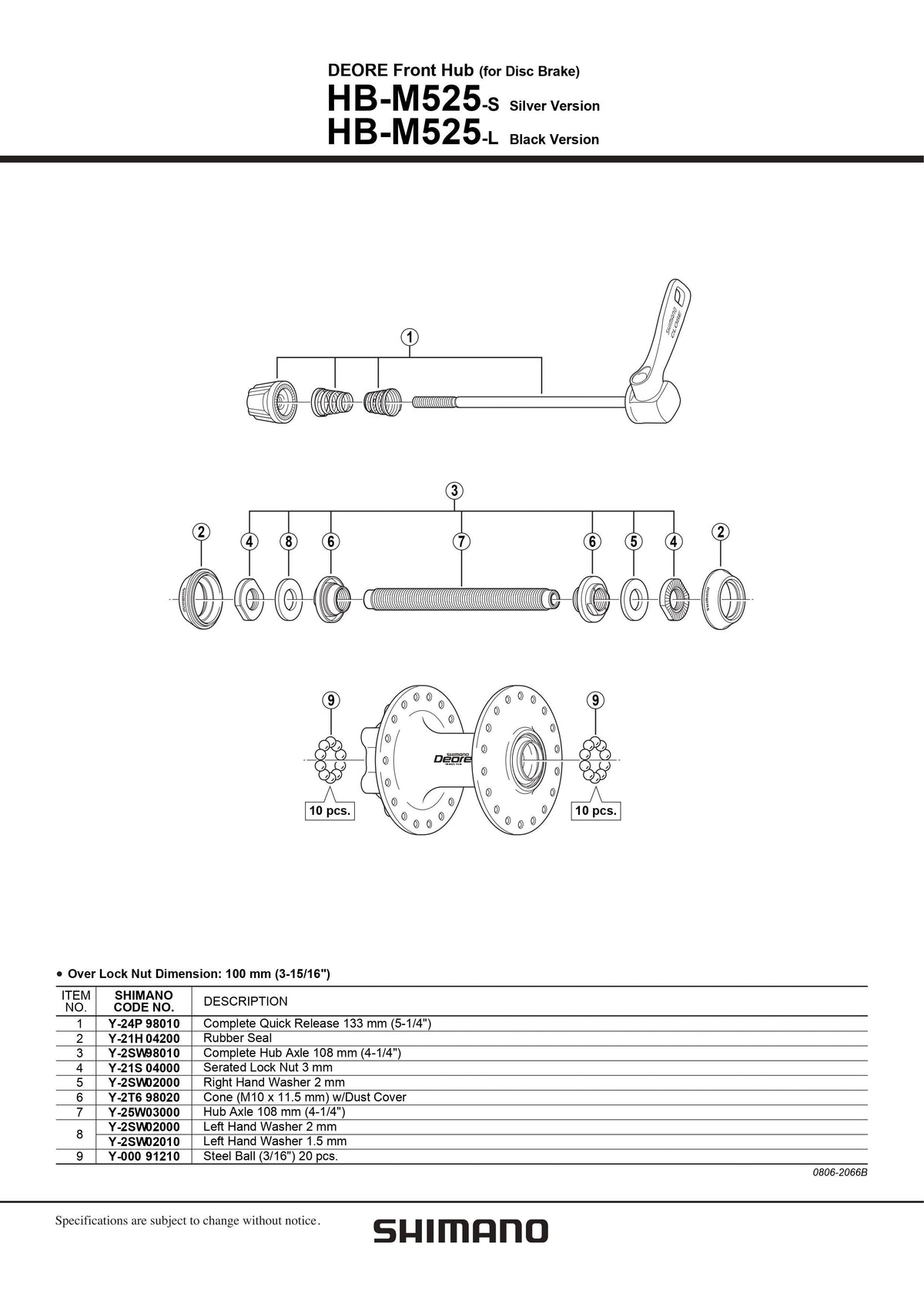 SHIMANO DEORE HB-M525 Front Hub for Disc Brake Complete Hub Axle 108mm 4-1/4" - Y2SW98010-Pit Crew Cycles