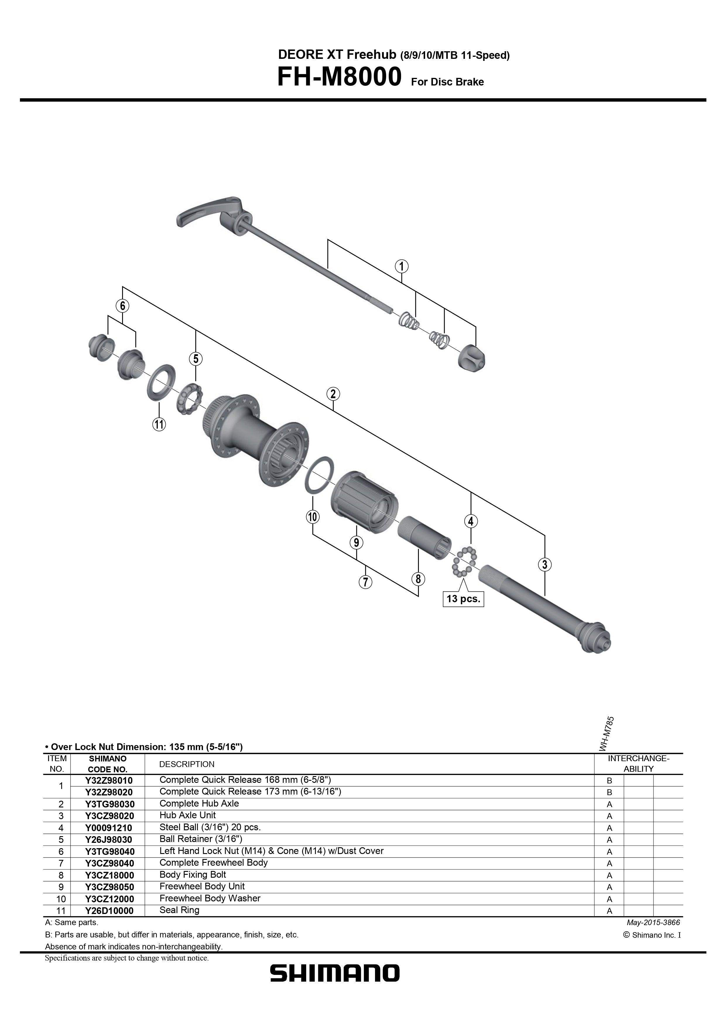 SHIMANO DEORE XT FH-M8000 Freehub Complete Quick Release