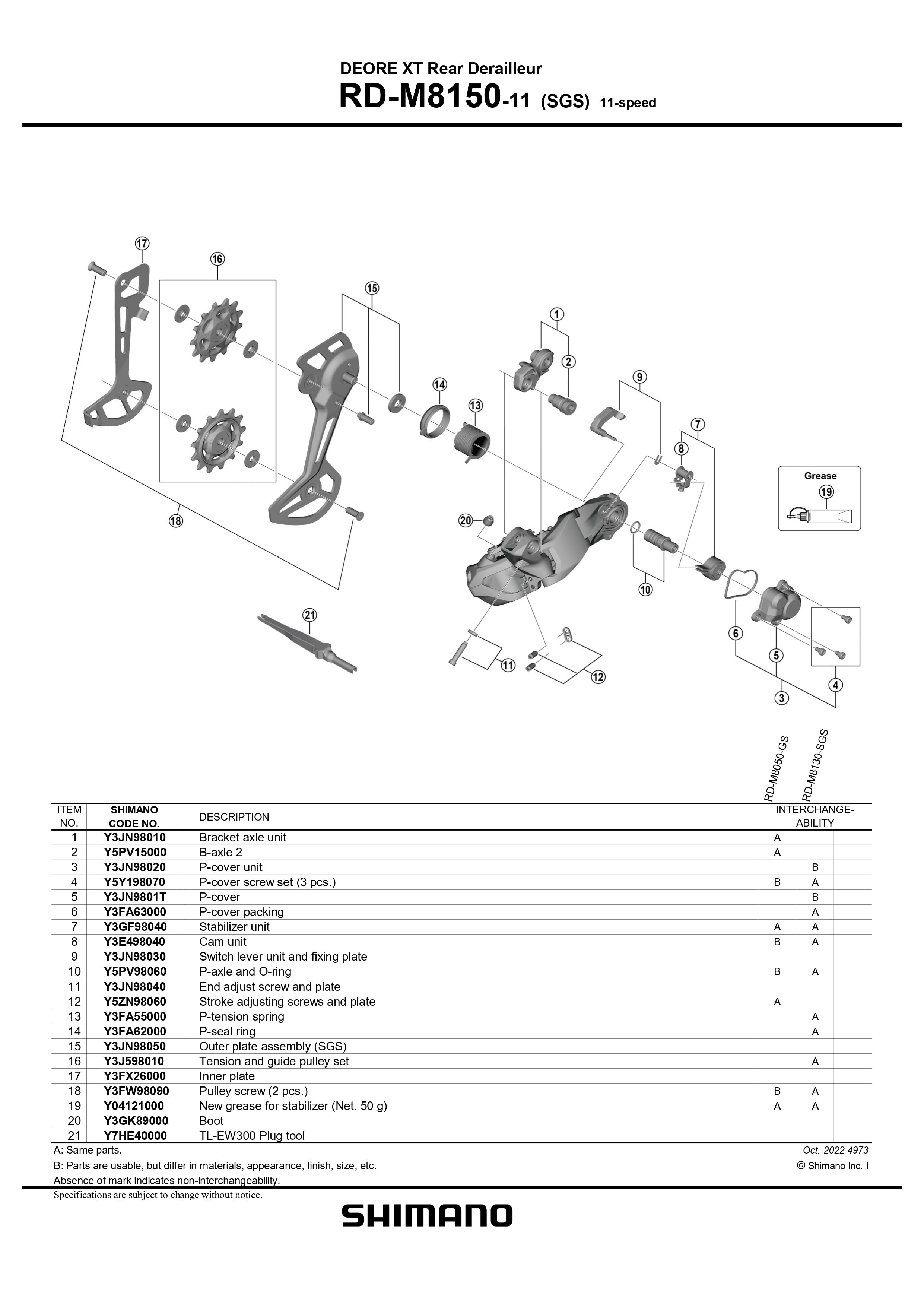 SHIMANO DEORE XT RD-M8150-11 Rear Derailleur Bracket Axle Unit