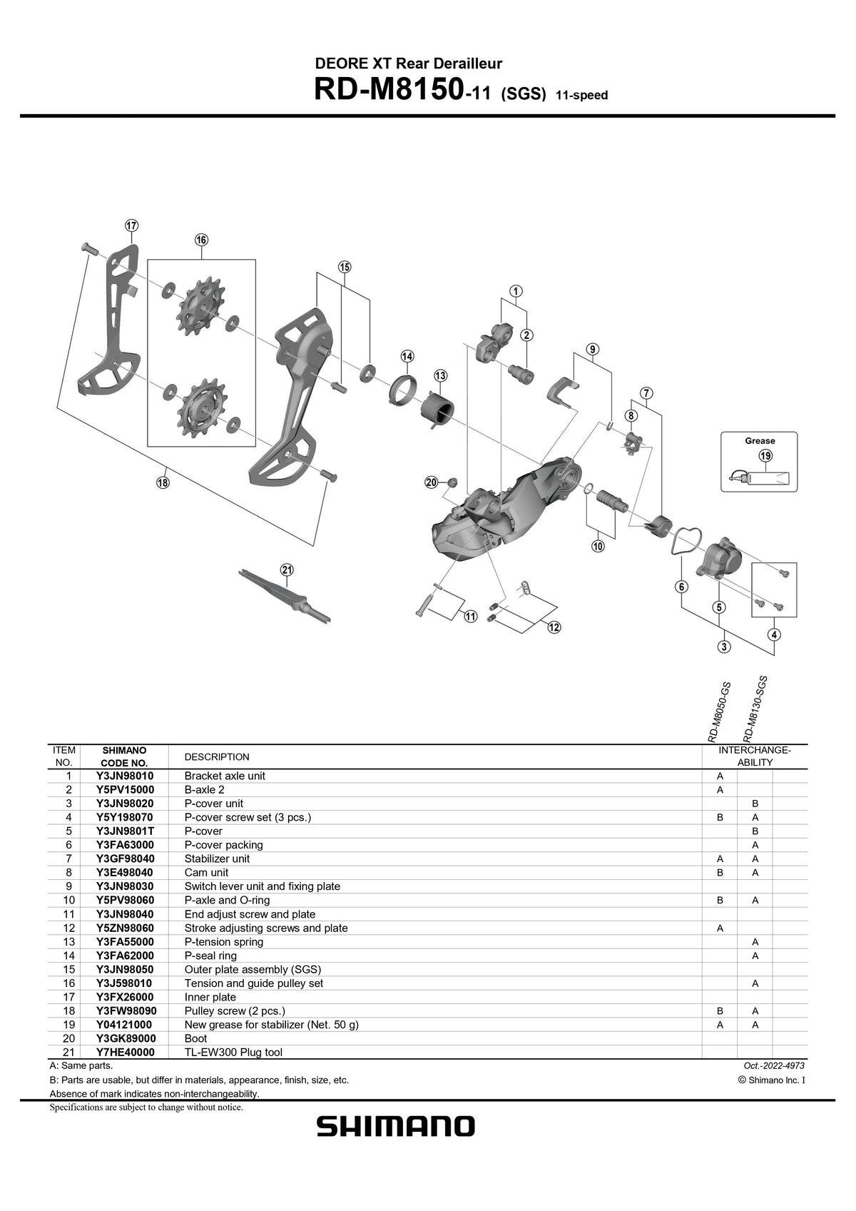 SHIMANO DEORE XT RD-M8150-11 Rear Derailleur Bracket Axle Unit - Y3JN98010-Pit Crew Cycles