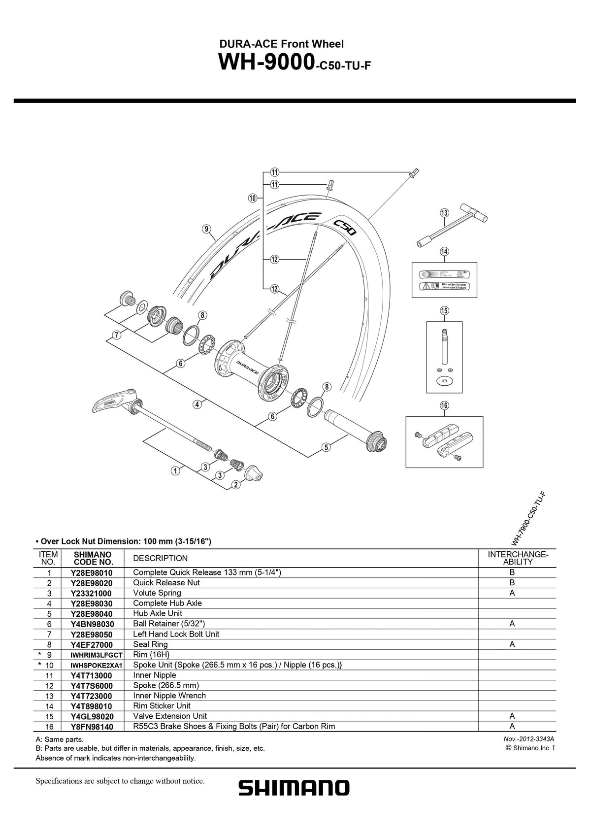 SHIMANO DURA-ACE WH-9000-C50-TU-F Front Wheel Spoke Y4T7S6000