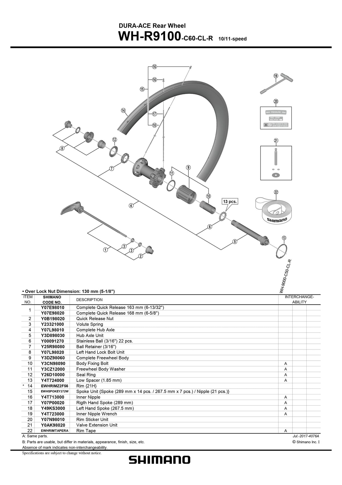 SHIMANO DURA-ACE WH-R9100-C60-CL-R Rear Wheel Spoke Kit 289mm x 14 pcs. 267.5mm x 7 pcs. Nipple 21 pcs. - 10/11-speed - EWHSPOKEY272W-Pit Crew Cycles
