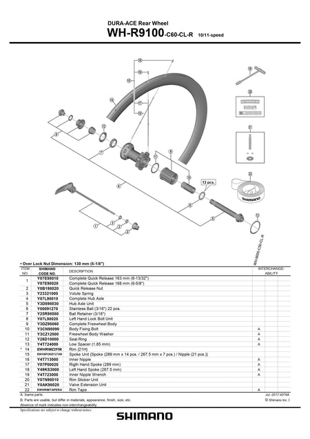 SHIMANO DURA-ACE WH-R9100-C60-CL-R Rear Wheel Spoke Kit 289mm x 14 pcs. 267.5mm x 7 pcs. Nipple 21 pcs. - 10/11-speed - EWHSPOKEY272W-Pit Crew Cycles