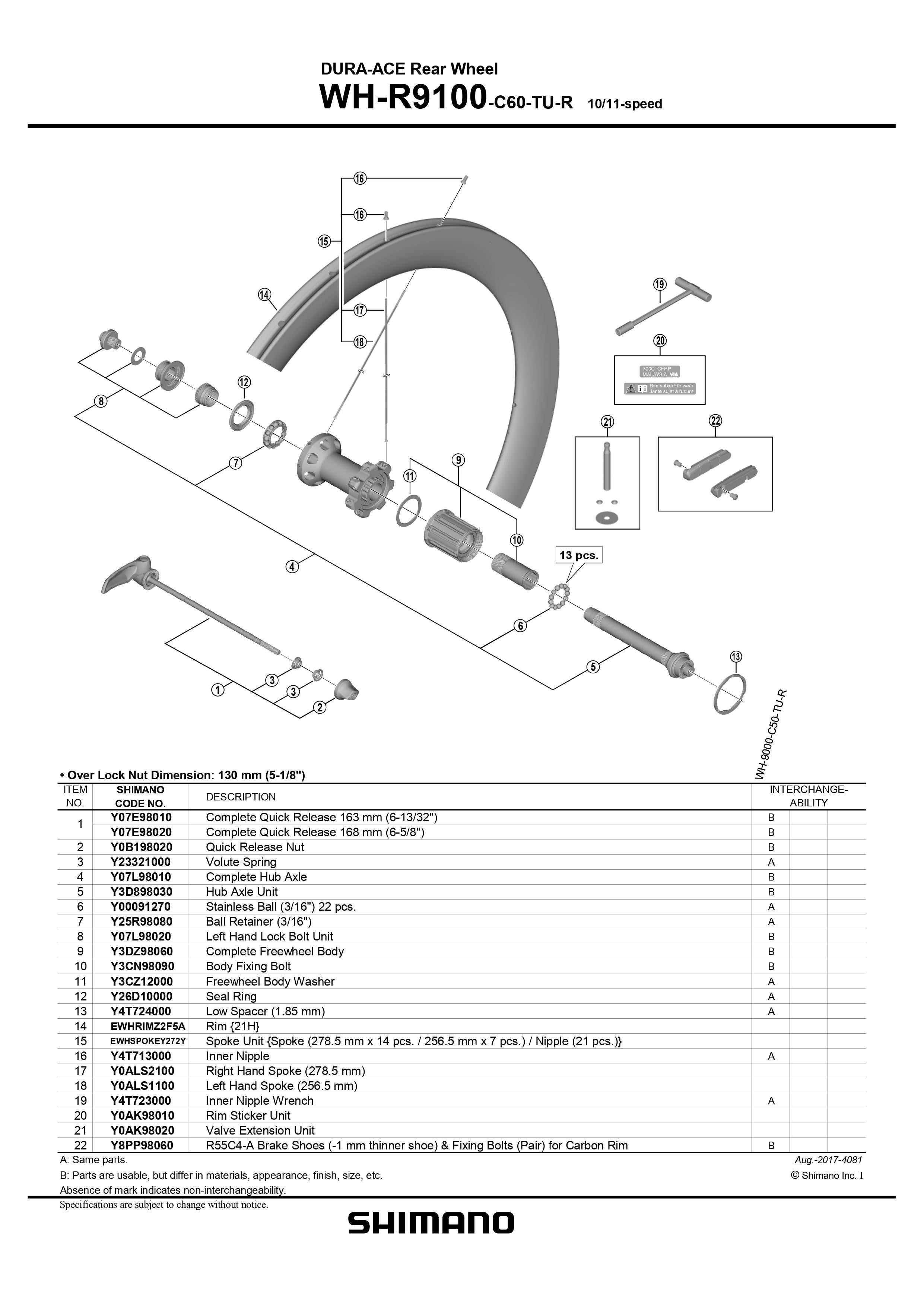 SHIMANO DURA-ACE WH-R9100-C60-TU-R Rear Wheel Spoke Kit 278.5mm x 14 pcs.  256.5mm x 7 pcs. Nipple 21 pcs. - 10/11-speed - EWHSPOKEY272Y