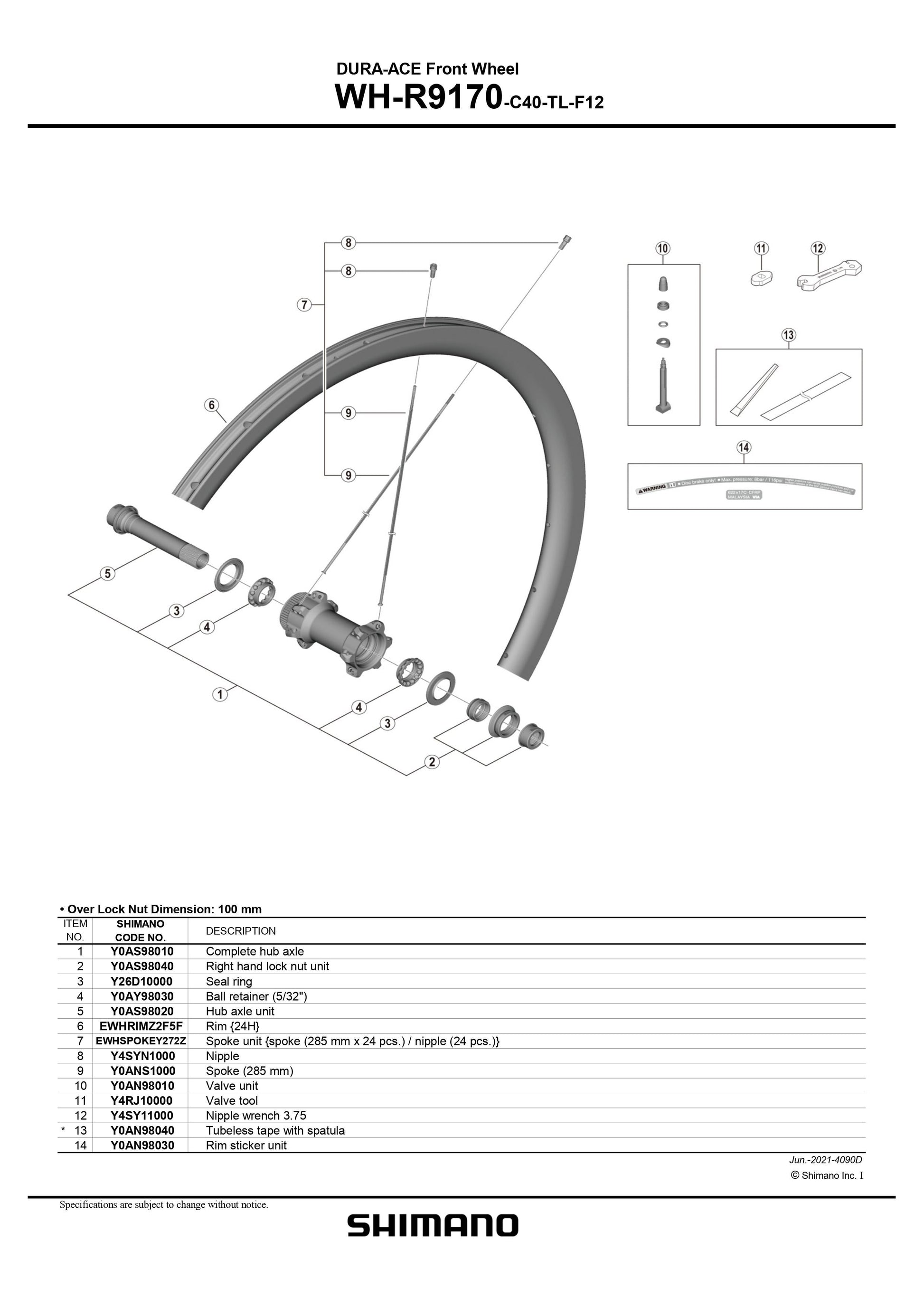 SHIMANO DURA-ACE WH-R9170-C40-TL-F12 Front Wheel Valve unit - Y0AN98010-Pit Crew Cycles