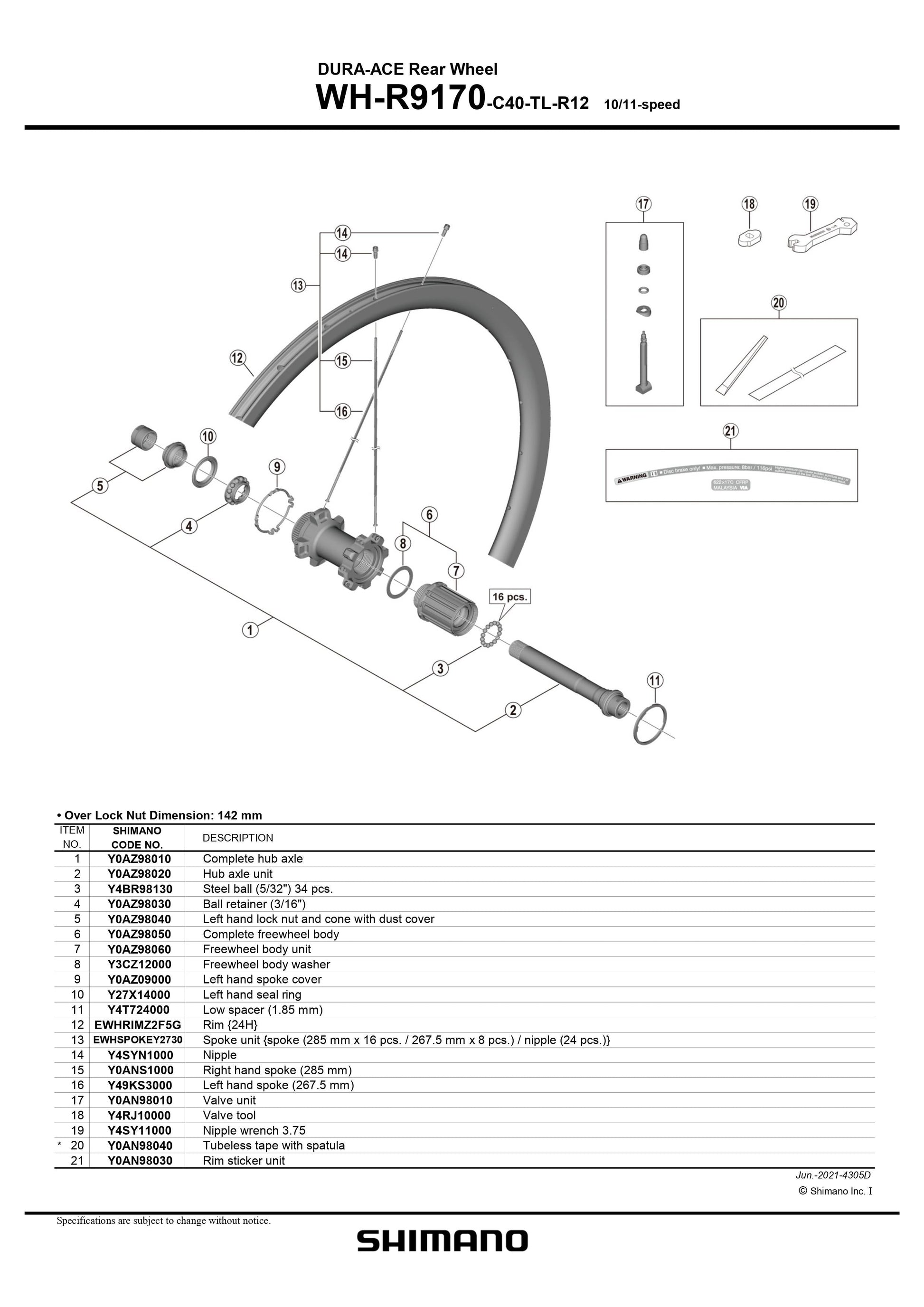 SHIMANO DURA-ACE WH-R9170-C40-TL-R12 Rear Wheel Spoke Kit 285mm x 16 pcs. 267.5mm x 8 pcs. Nipple 24 pcs. - 10/11-speed - EWHSPOKEY2730-Pit Crew Cycles