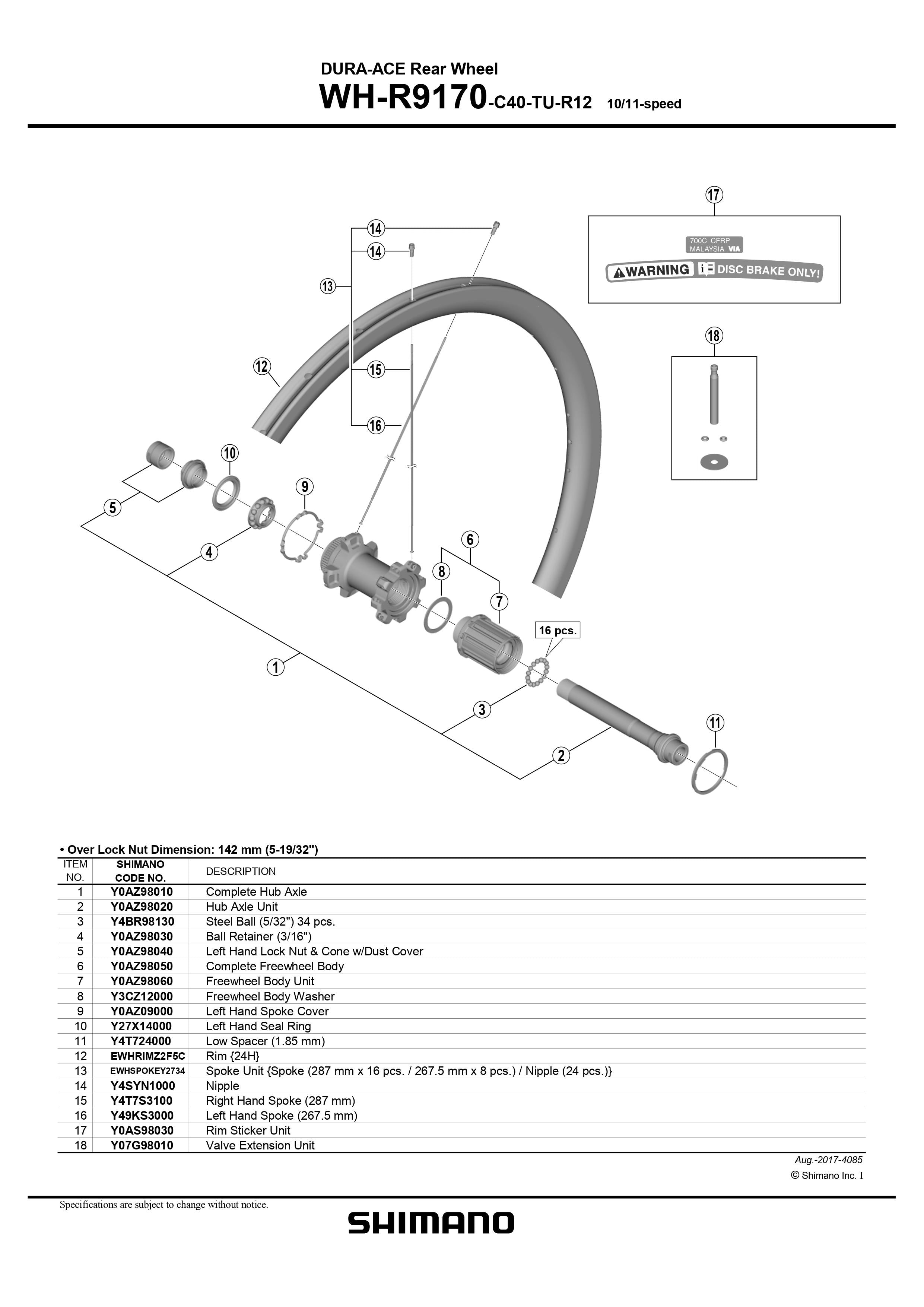 SHIMANO DURA-ACE WH-R9170-C40-TU-R12 Rear Wheel Spoke Kit 287mm x 16 pcs. - 267.5mm x 8 pcs. Nipple 24 pcs.- 10/11-speed - EWHSPOKEY2734-Pit Crew Cycles