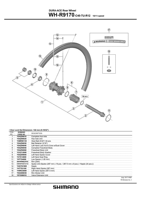 SHIMANO DURA-ACE WH-R9170-C40-TU-R12 Rear Wheel Spoke Kit 287mm x 16 pcs. - 267.5mm x 8 pcs. Nipple 24 pcs.- 10/11-speed - EWHSPOKEY2734-Pit Crew Cycles