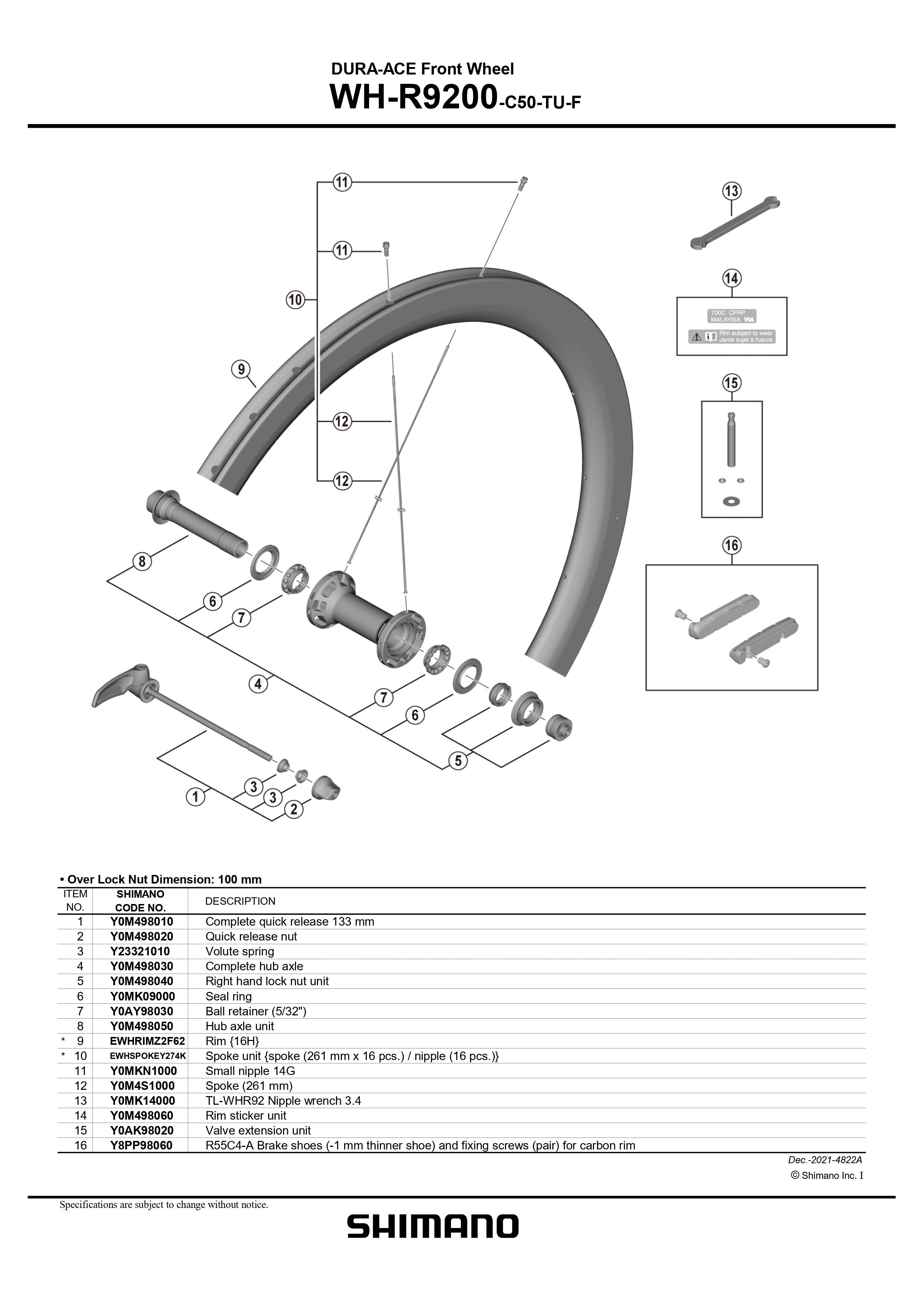 SHIMANO DURA-ACE WH-R9200-C50-TU-F Front Wheel Small nipple