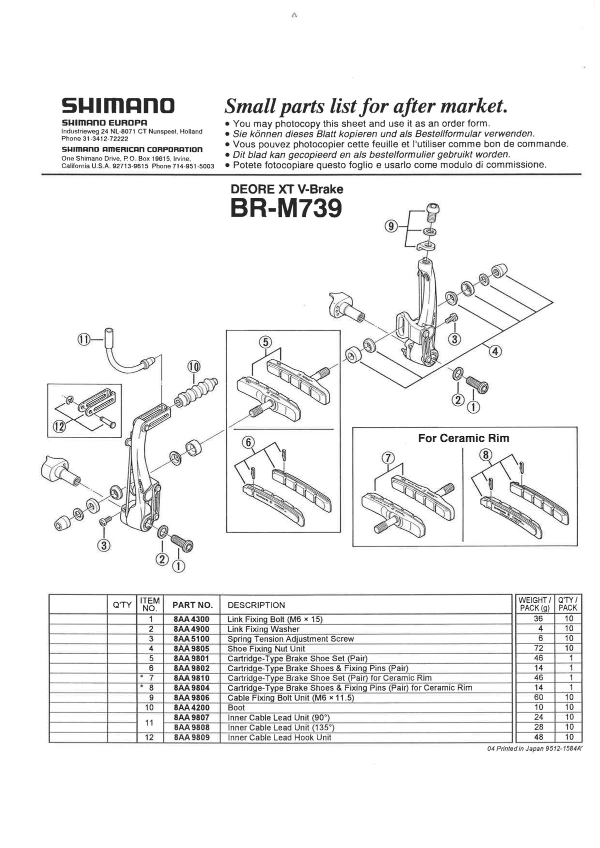 SHIMANO Deore BR-M739 XT V-Brake Inner Cable Lead Pipe Unit 4-Piston - 90 Degree - Y8AA98070-Pit Crew Cycles