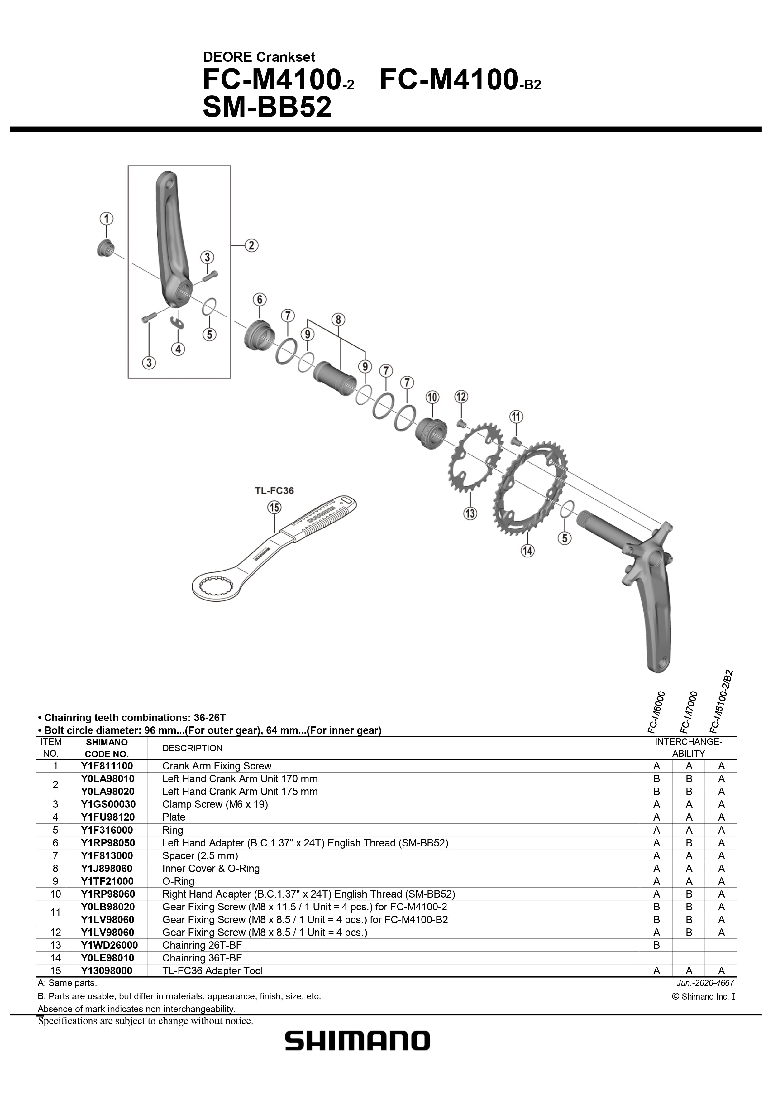 SHIMANO Deore FC-M4100-2 Crankset 96mm BCD 4 Arm Outer Chainring 36T-BF - Y0LE98010-Pit Crew Cycles