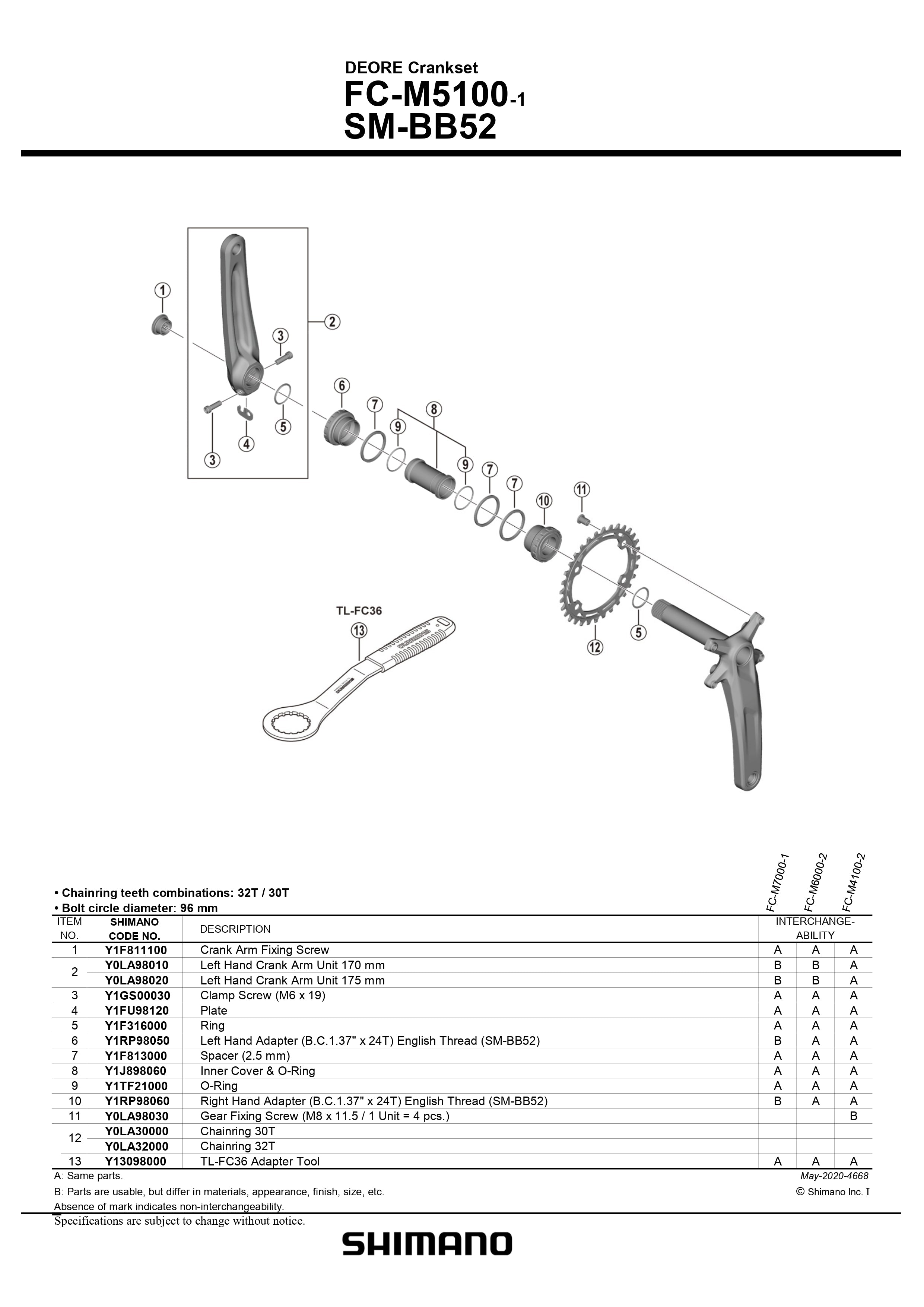 SHIMANO Deore FC-M5100-1 Crankset 96mm BCD 4 Arm Single Chainring 30T - Y0LA30000-Pit Crew Cycles