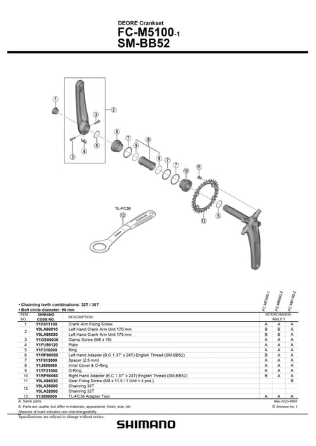SHIMANO Deore FC-M5100-1 Crankset 96mm BCD 4 Arm Single Chainring 30T - Y0LA30000-Pit Crew Cycles