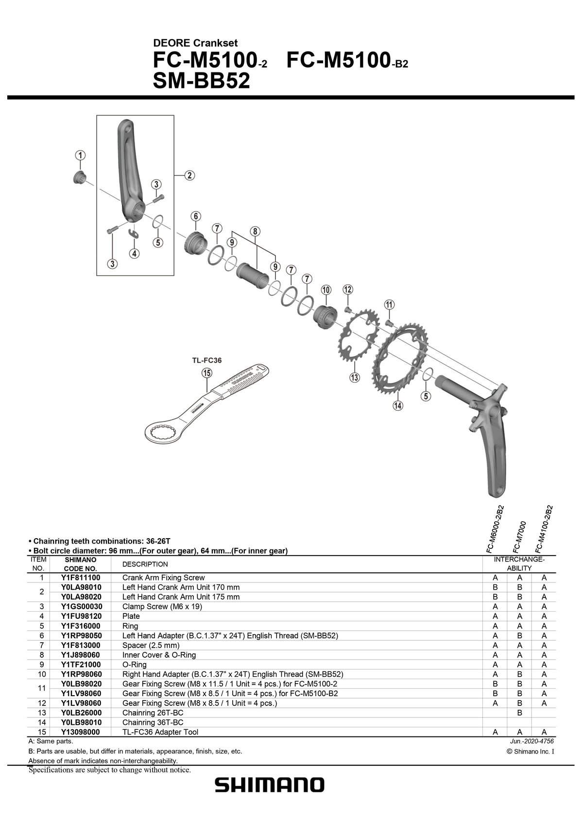 SHIMANO Deore FC-M5100-2 Crankset 96mm BCD 4 Arm Outer Chainring - 36T-BC - Y0LB98010-Pit Crew Cycles