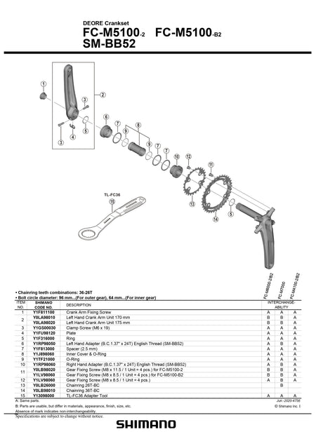 SHIMANO Deore FC-M5100-2 Crankset 96mm BCD 4 Arm Outer Chainring - 36T-BC - Y0LB98010-Pit Crew Cycles