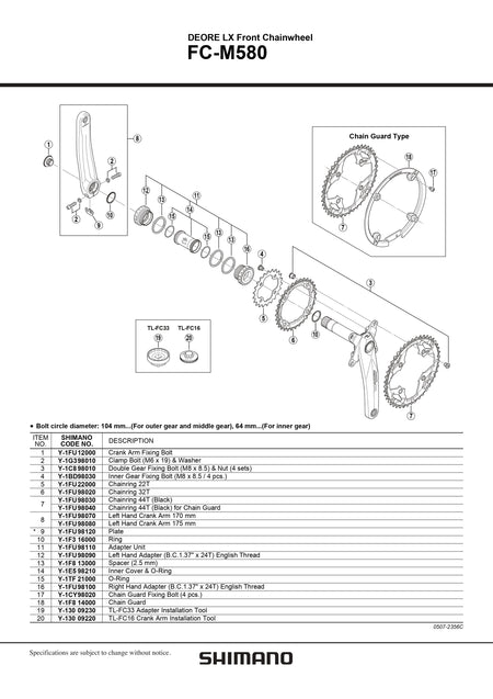 SHIMANO Deore LX FC-M580 Front Chainwheel Hollowtech II Left Arm Safety Plate-Pit Crew Cycles