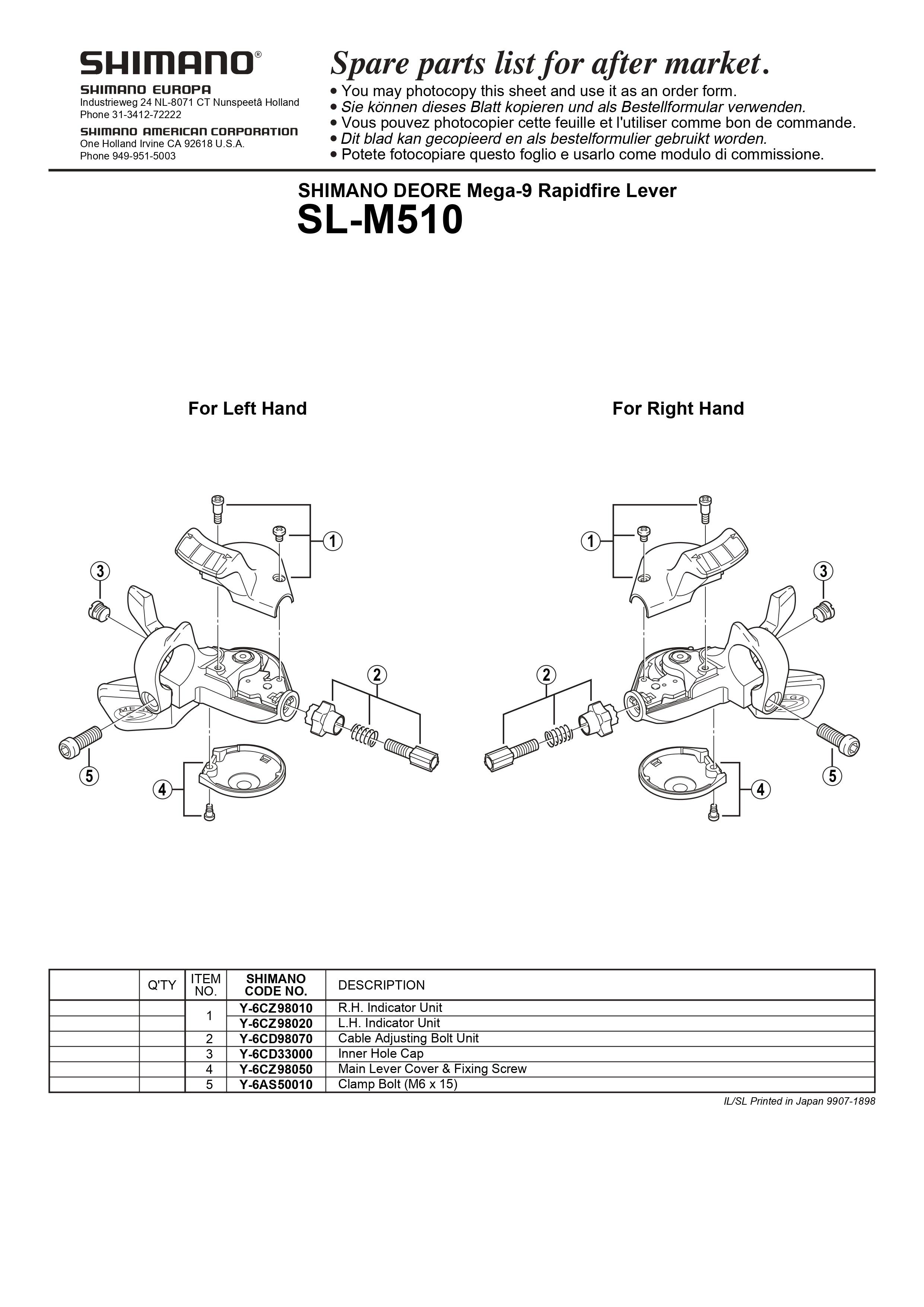SHIMANO Deore SL-M510 Mega-9 Rapidfire Lever Main Lever Cover and Fixing Screw - Y6CZ98050-Pit Crew Cycles