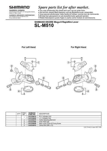 SHIMANO Deore SL-M510 Mega-9 Rapidfire Lever Main Lever Cover and Fixing Screw - Y6CZ98050-Pit Crew Cycles
