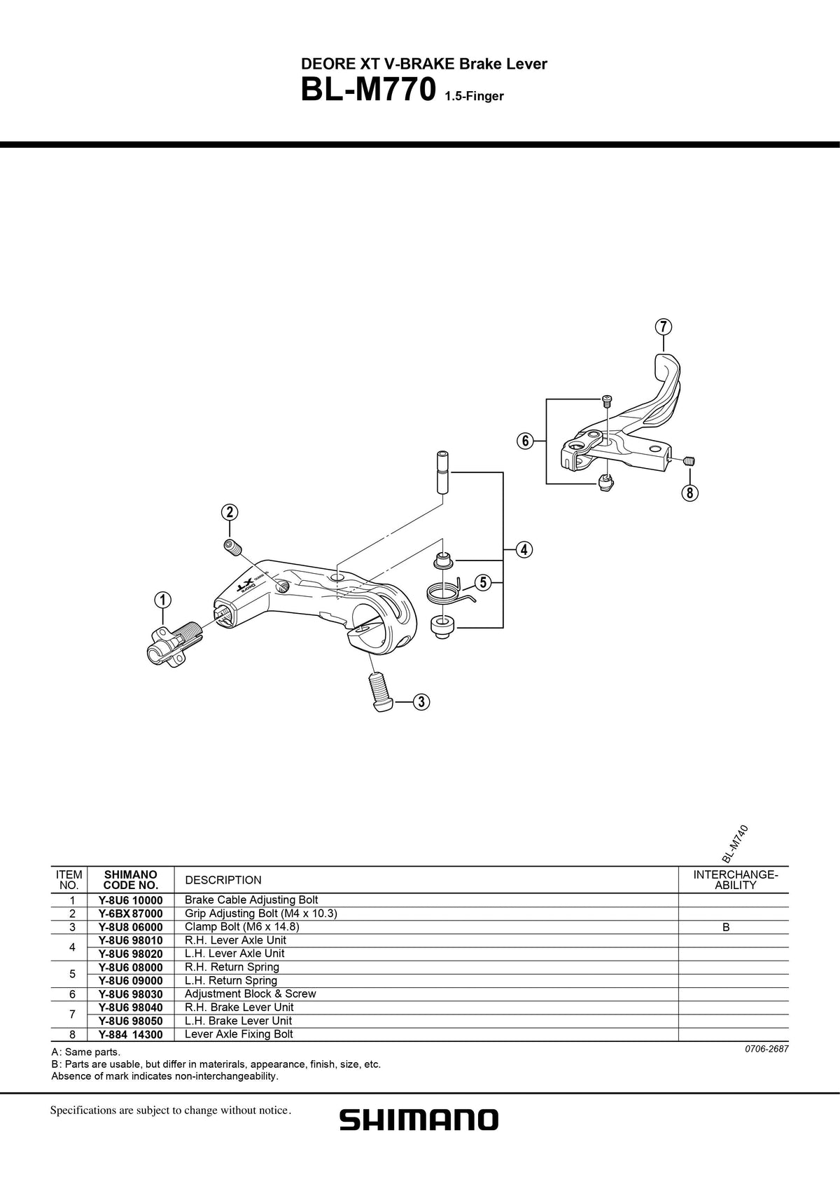 SHIMANO Deore XT BL-M770 V-Brake Lever Unit 1.5-Finger Right Hand - Y8U698040-Pit Crew Cycles